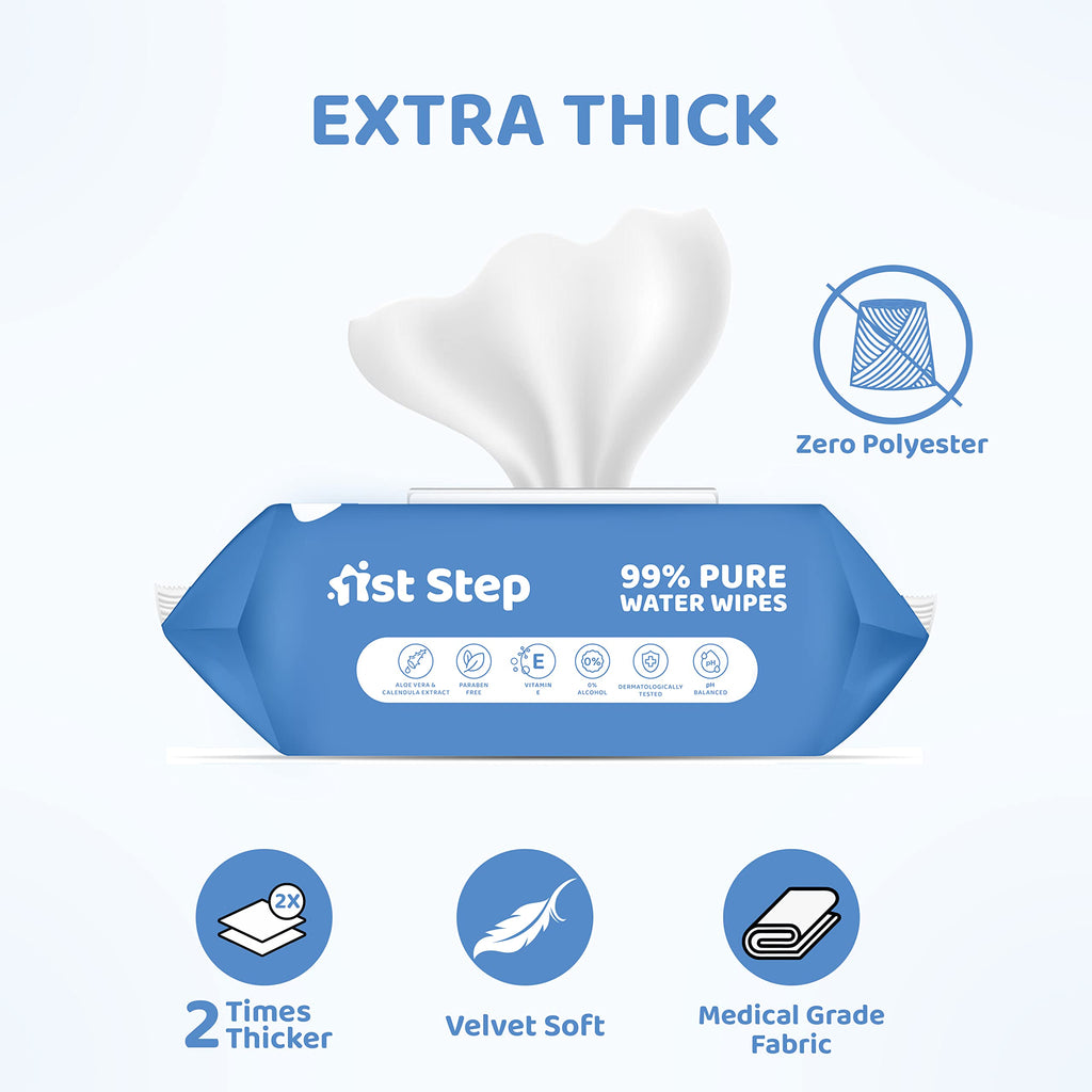 1st Step 99% Pure Water Baby Wipes with lid I Dermatologically Tested | Plant Based - 100% Biodegradable Wipes for Babies | Super Thick Polyester Free wet Wipes for Baby I Paraben Free with Aloevera & Calendula Extract | Alcohol Free Baby wipes |72 pcs/Pa