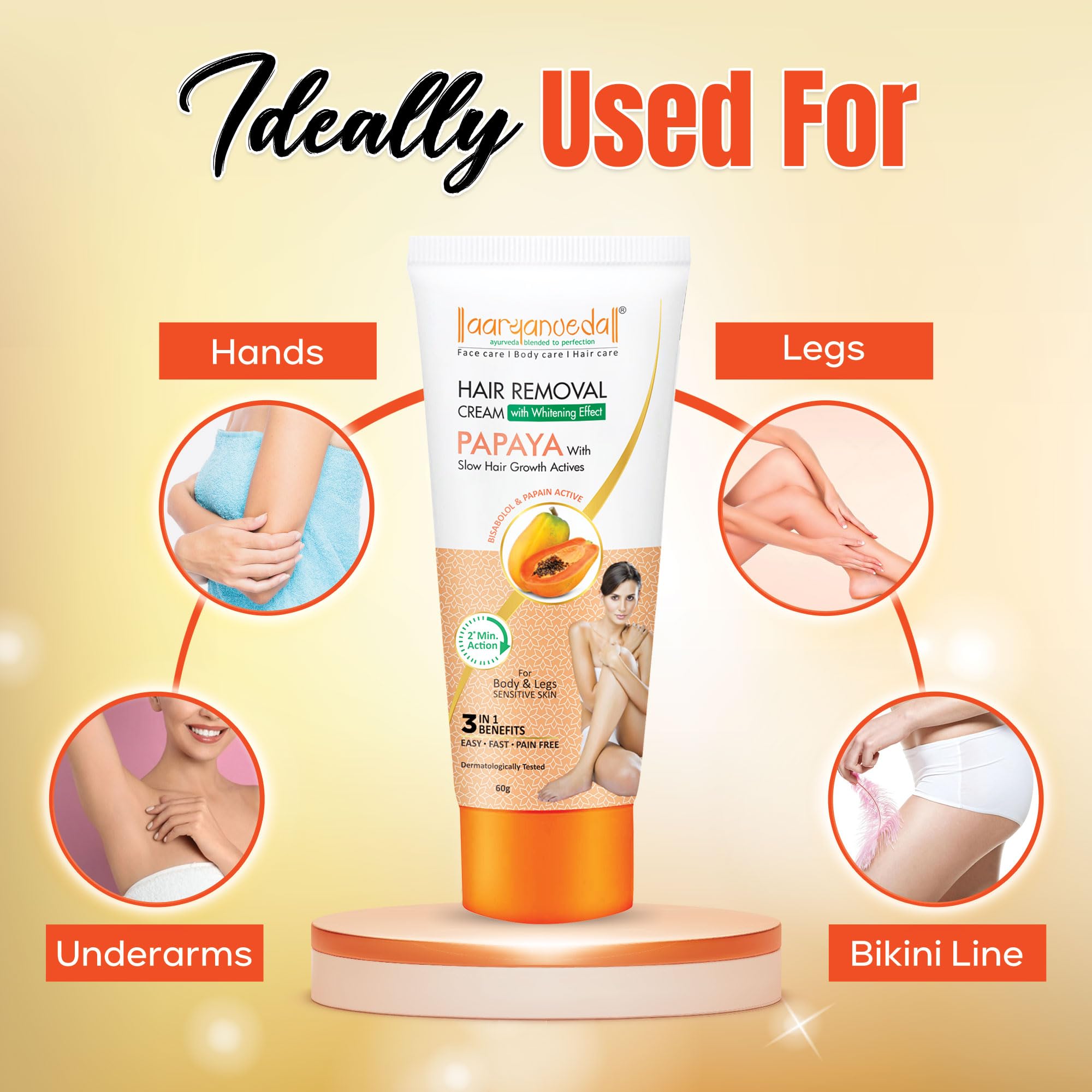 Aaryanveda Papaya Hair Removal Cream | 2-Minute Action, Whitening Effect, Active Smooth Formula, Painless & Gentle Hair Remover for Men & Women (120 g, Set of 2)