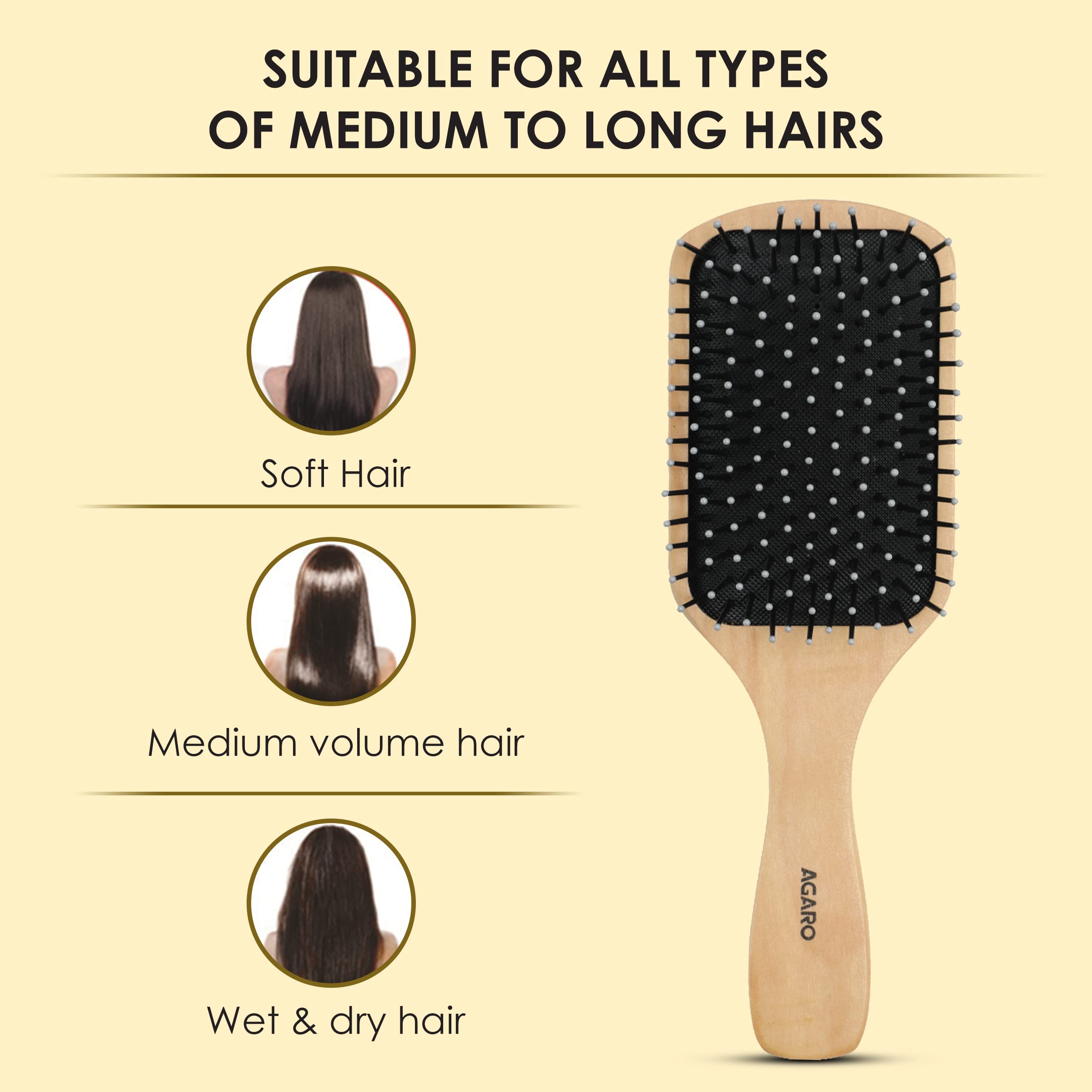 AGARO Wooden Paddle Hair Brush with Strong & flexible nylon bristles having Anti static ball tips, For Grooming, Straightening, Smoothing, Detangling Hair, ideal for Men, Women & Kids.