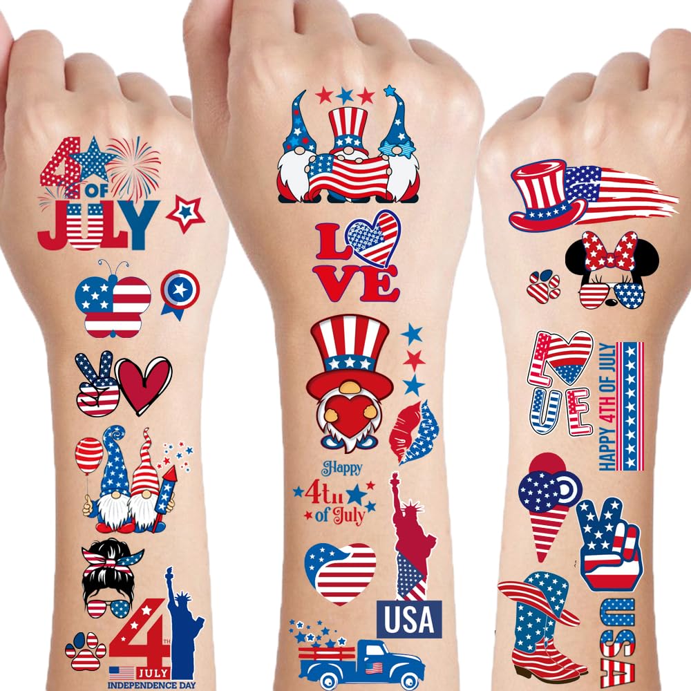82 Pcs 4th of July Tattoos - Red, White, and Blue Fourth of July Temporary Tattoo Stickers for USA Party Favors, Independence Day, Memorial Day, Labor Day Decorations, and Patriotic Party Supplies