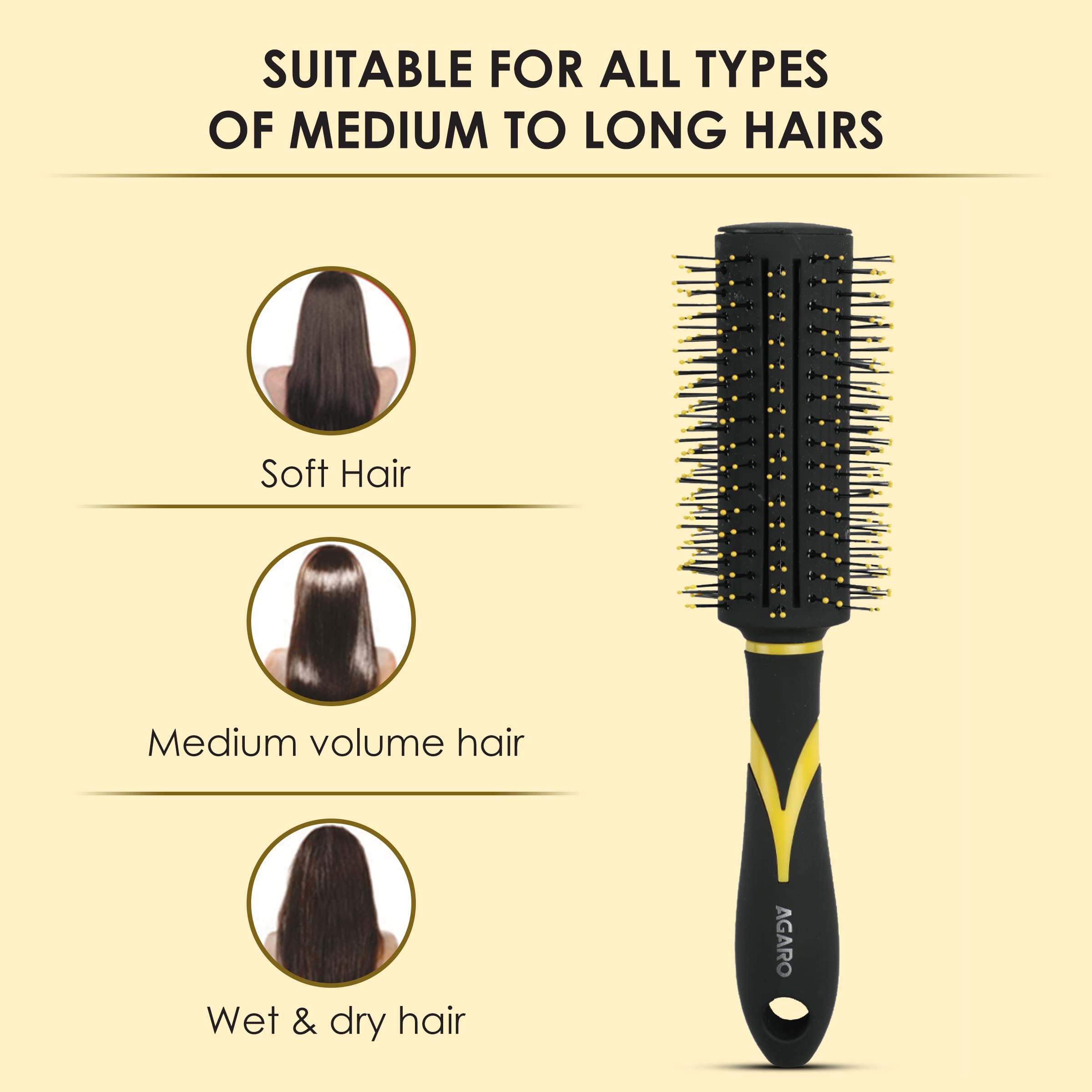 AGARO Breeze Round Hair Brush with Strong & flexible boar bristles having Anti static ball tips, For Adding Quick Curls, Waves & Volume In Hair, ideal for all types of medium to long hair, Yellow & Black.