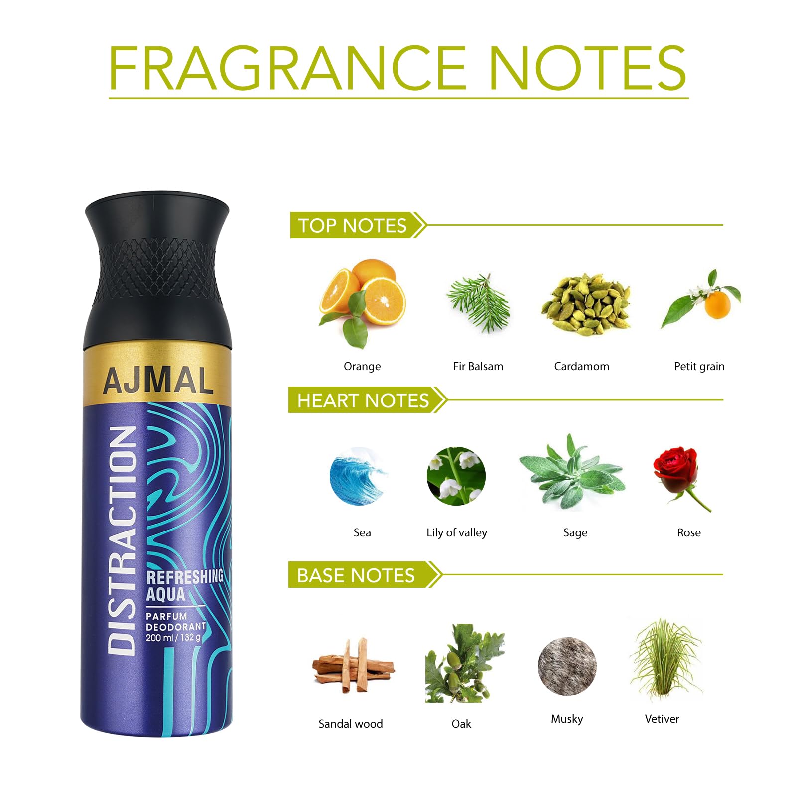 AJMAL Distraction Deodorant Spray Spicy Fragrance Casual Wear For Men & Women + 2 Parfume Testers Free, 200 Ml