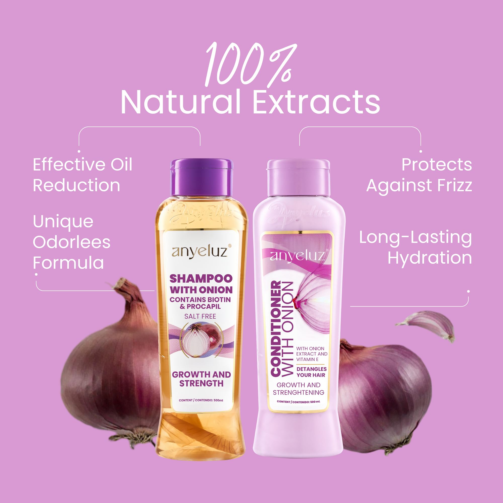 Anyeluz Onion Shampoo and Conditioner Set - Salt Free & Keratin Safe - Hair Growth Duo with Onion Extract and Biotin - 16.9 Fl Oz (Pack of 2)