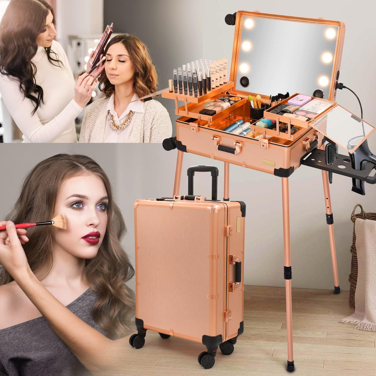 Adson Rolling Makeup Trolley Makeup Box Case Train Vanity Case Storage Hairdressing Organiser for Salon, Artist Aluminum Cosmetic Storage Organizer with Light and Mirror (Rose Gold)