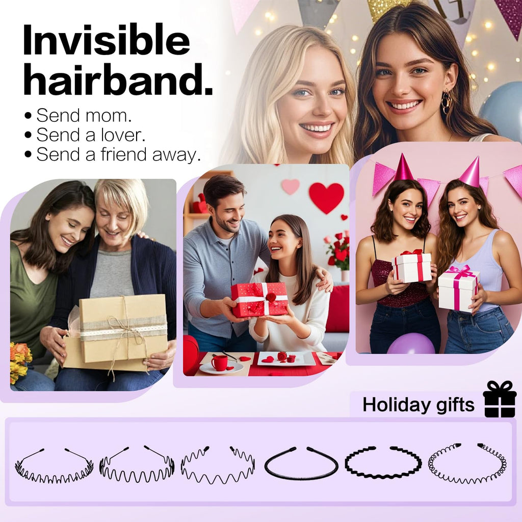 6PCS Metal Hair Bands, Spring Wavy Hair Hoop Unisex Black Wavy Headband Slicked Back Headband Non Slip Sports Hairband for Women Men