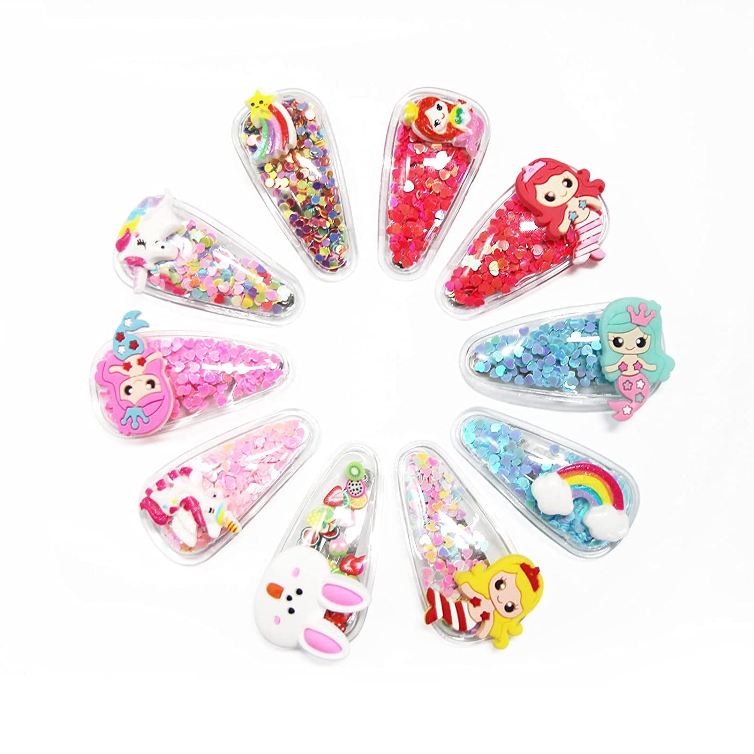 ANNACREATIONS 10 Pcs Plastic Metal Sequins Transparent Hair Clips For Girls Glitter Snap Hair Clips Toddler Hairclips Fruit Cartoon Animal Hairclip Hair Accessories Multicolor