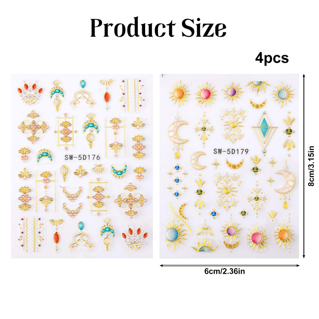 4pcs Sun and Moon Nail Stickers, 5D Embossed Gold Celestial Bohemian Beauty Nail Stickers Self-Adhesive Metallic Tribal Totem Design Manicure Art Fingernail Decoration for Women Girls