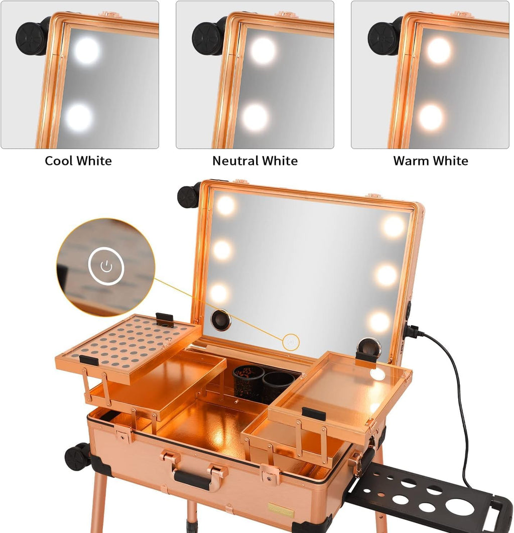 Adson Rolling Makeup Trolley Makeup Box Case Train Vanity Case Storage Hairdressing Organiser for Salon, Artist Aluminum Cosmetic Storage Organizer with Light and Mirror (Rose Gold)