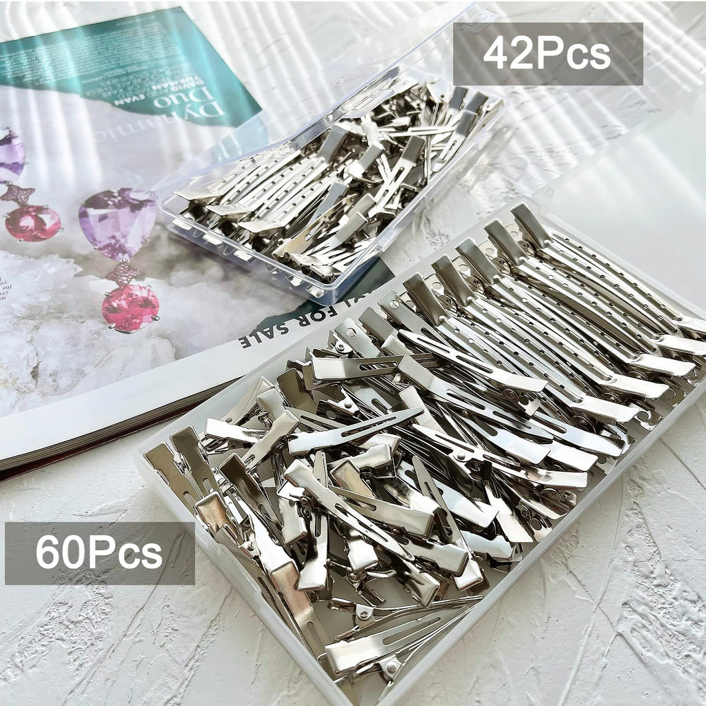 60Pcs Metal Styling Duck Billed Hair Clips, Silver Alligator Roller Clips for Women's Long Hair Styling Sectioning and Pin Curls, Bow DIY, with Case