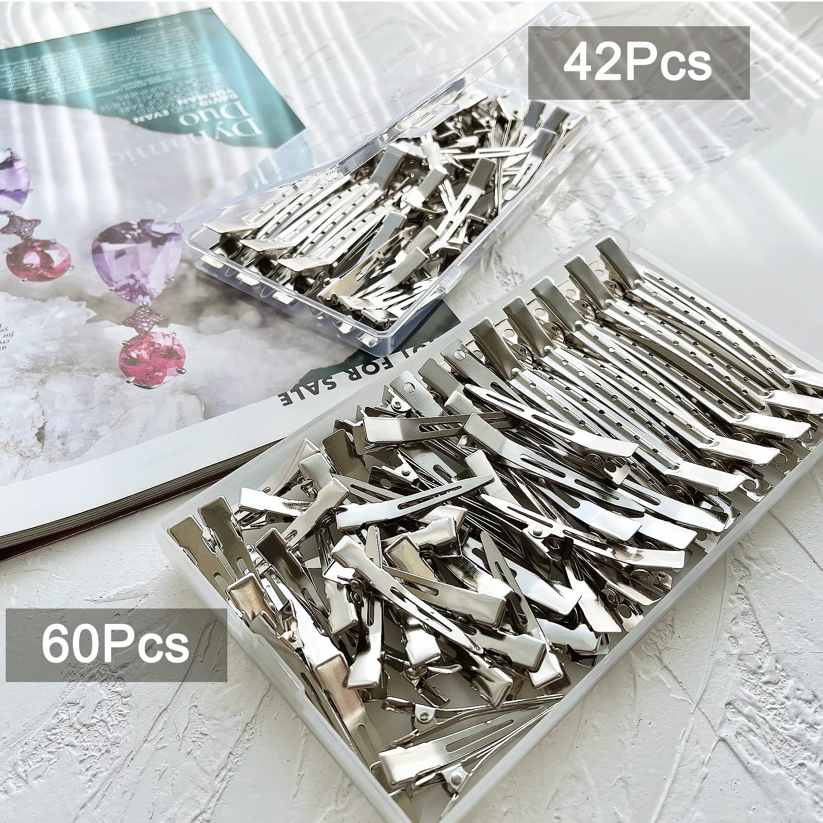 60Pcs Metal Styling Duck Billed Hair Clips, Silver Alligator Roller Clips for Women's Long Hair Styling Sectioning and Pin Curls, Bow DIY, with Case