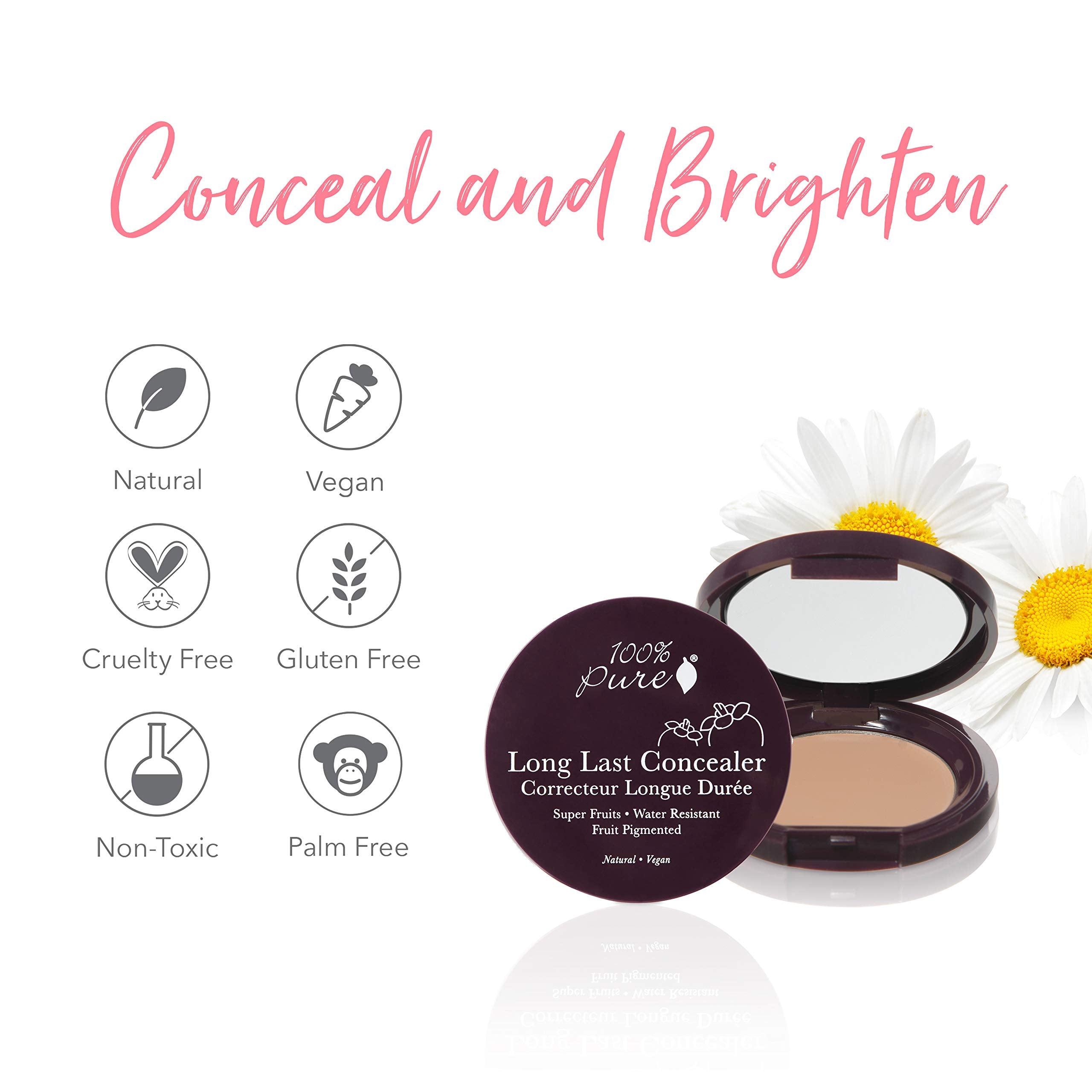 100% PURE Fruit Pigmented Long Last Compact Concealer, Golden Peach, Full Coverage Concealer, Diminish Dark Circles (Medium to Tan with Yellow Undertones) - 0.11oz