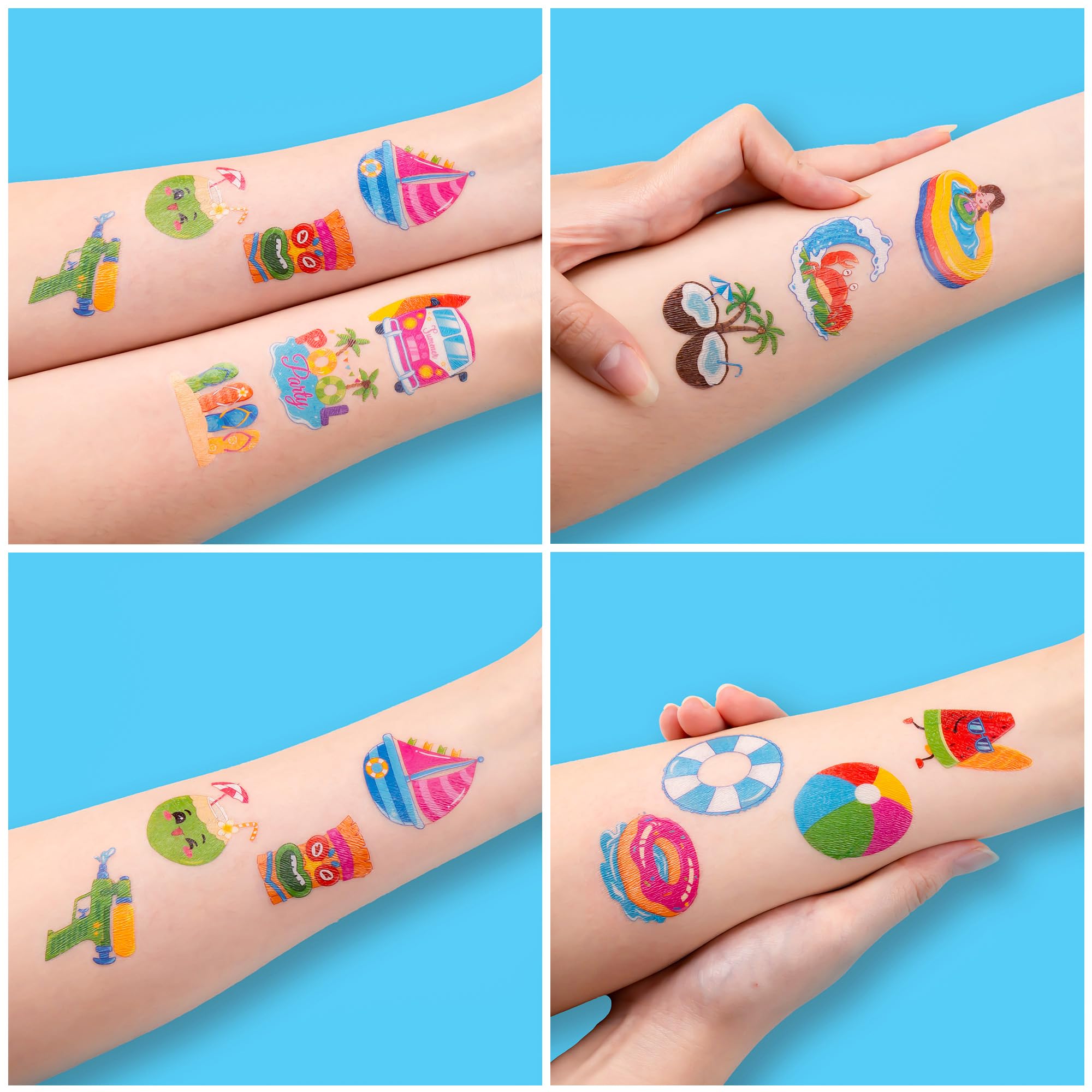 60 PCS Hello Summer Beach Pool Hawaiian Pre-Cut Temporary Tattoos for Kids | Super Cute Themed Birthday Party Favors, Supplies, Decorations, Fake Tattoo Stickers, School Rewards Gifts & Boys & Girls