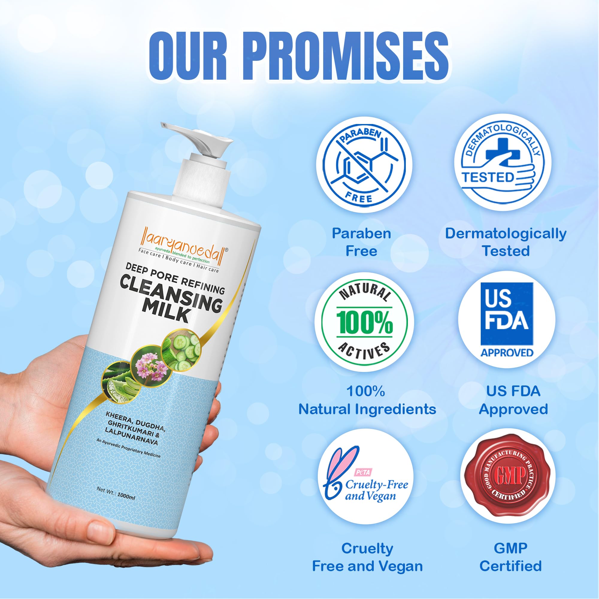 Aaryanveda Cleansing Milk 1000ml | Deep Pore Cleanser with Kheera, Ghritkumari, Dugdha & Lalpunarnava | Hydrates, Refreshes & Tightens Skin | For All Skin Types