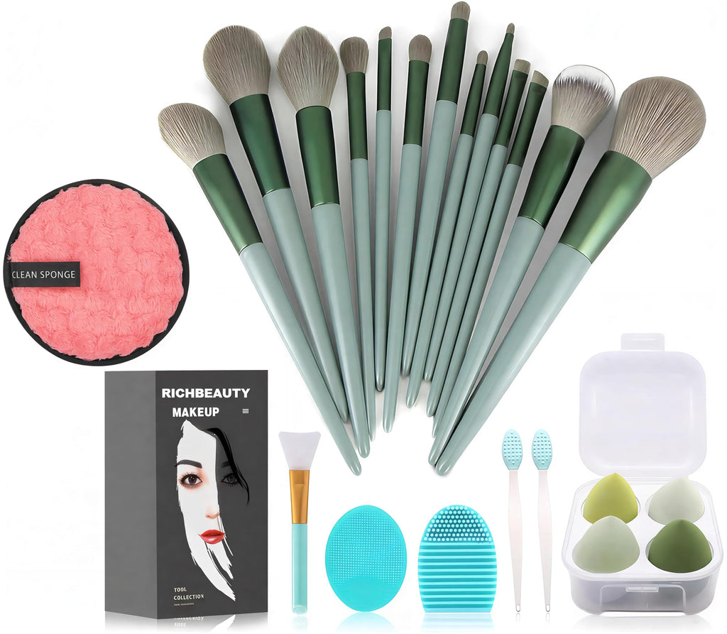 23 Pcs Makeup Brush Kit, Foundation Brush Eyeshadow Brush, Makeup Sponge Puff Set, Makeup Remover Pads (Green, 23 Piece Set) (23 set)