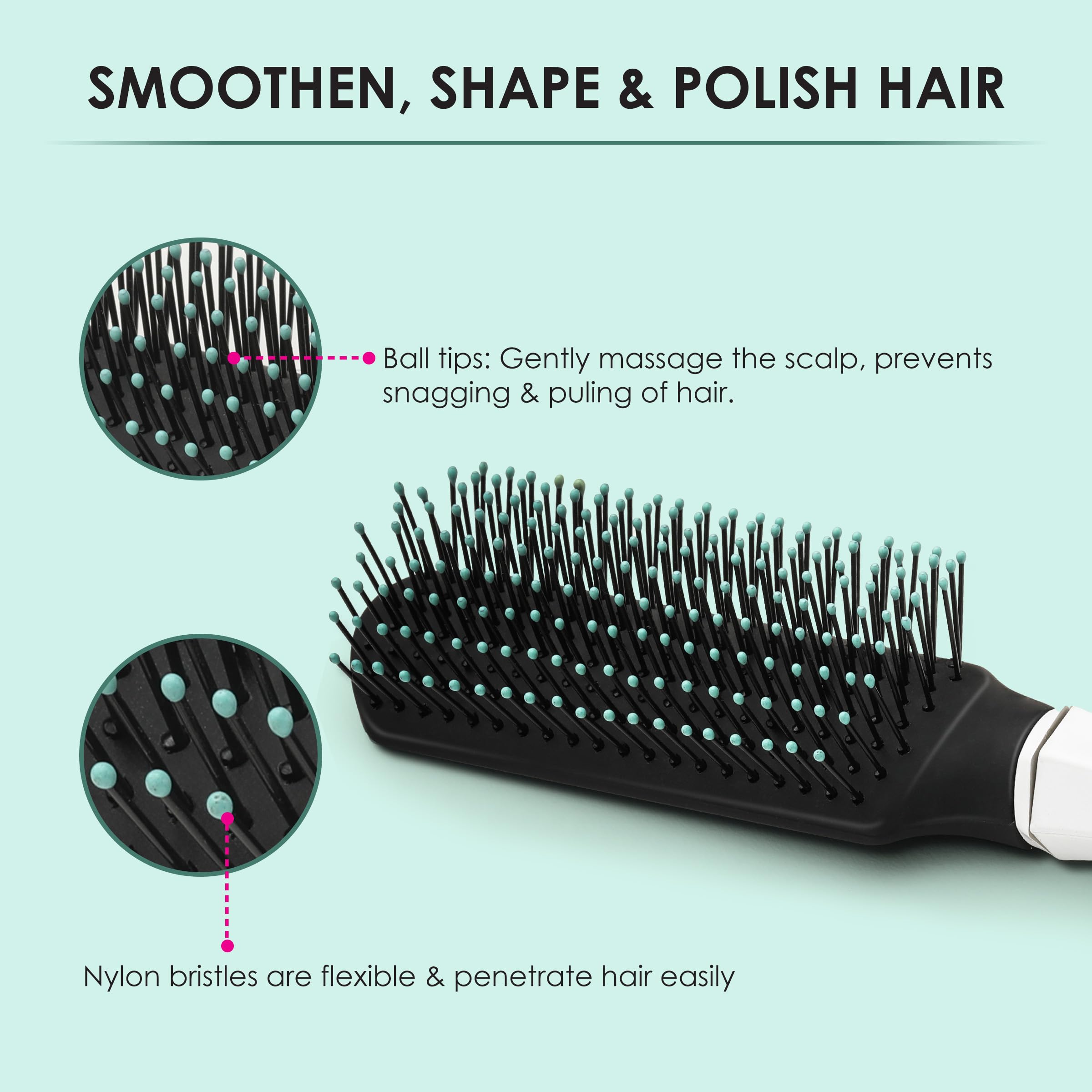 AGARO Classic Flat Hair Brush with Strong & flexible nylon bristles, having Anti-static ball tips, For Grooming, Volumising & Back Brushing, ideal for Men & Women, Cyan