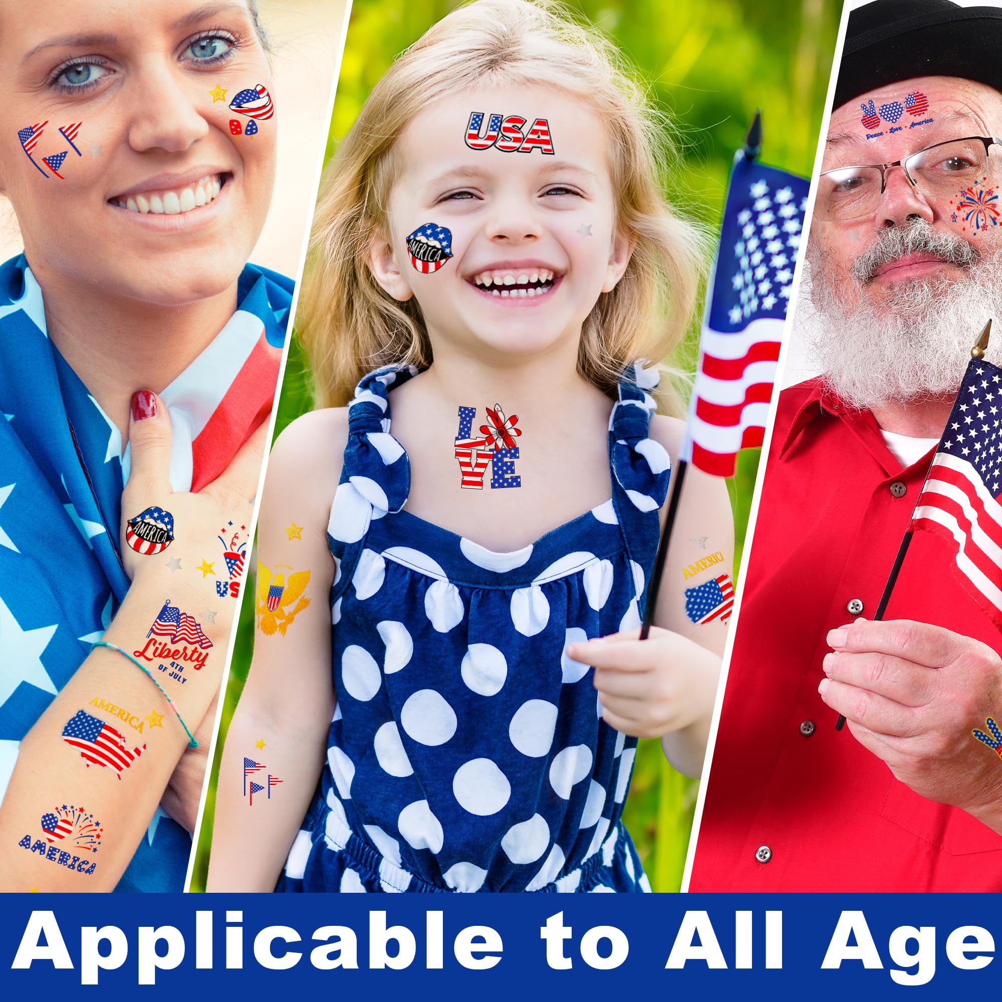 64 PCS 4 Sheets 4th of July Temporary Tattoo Set, Patriotic Party Face Body Decorations, American Flag Independence Long Lasting Tattoo Stickers for Kids Adults, Red White and Blue Accessories