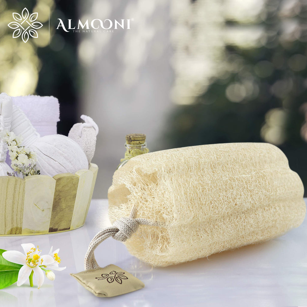 ALMOONI 100% Natural Organic Egyptian Loofah Sponges, Large Exfoliating Shower Loofah Body Scrubbers Buff Away Dead Skin For Smoother, More Radiant Appearance (3 Pack), Luxurious Packaging