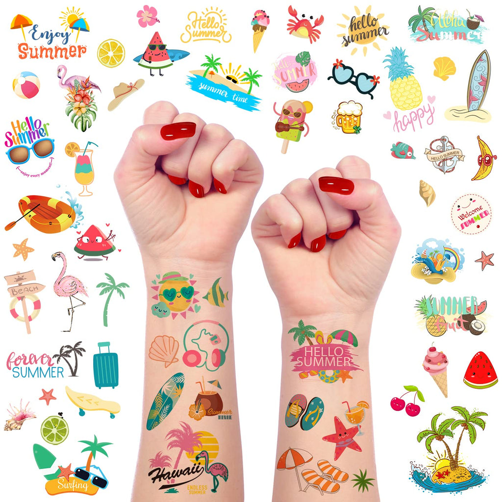 60 Pieces Summer Temporary Tattoos for Kids, Pool Party Favors, Hawaiian Luau Beach Temporary Tattoo, Watermelon Strawberry Pineapple Flamingo Tattoo Stickers for Birthday Party Supplies