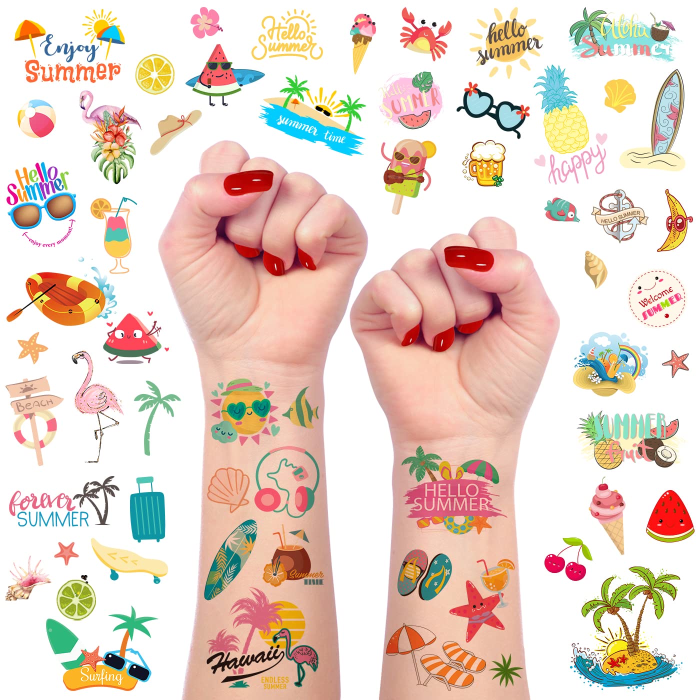 60 Pieces Summer Temporary Tattoos for Kids, Pool Party Favors, Hawaiian Luau Beach Temporary Tattoo, Watermelon Strawberry Pineapple Flamingo Tattoo Stickers for Birthday Party Supplies