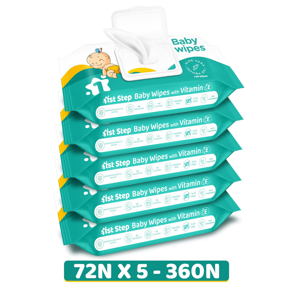 1st Step Baby Wipes with Lid Enriched and Aloe-Vera and Jojoba Oil (72 Wipes/Pack x 5 Packs = 360 Wipes)
