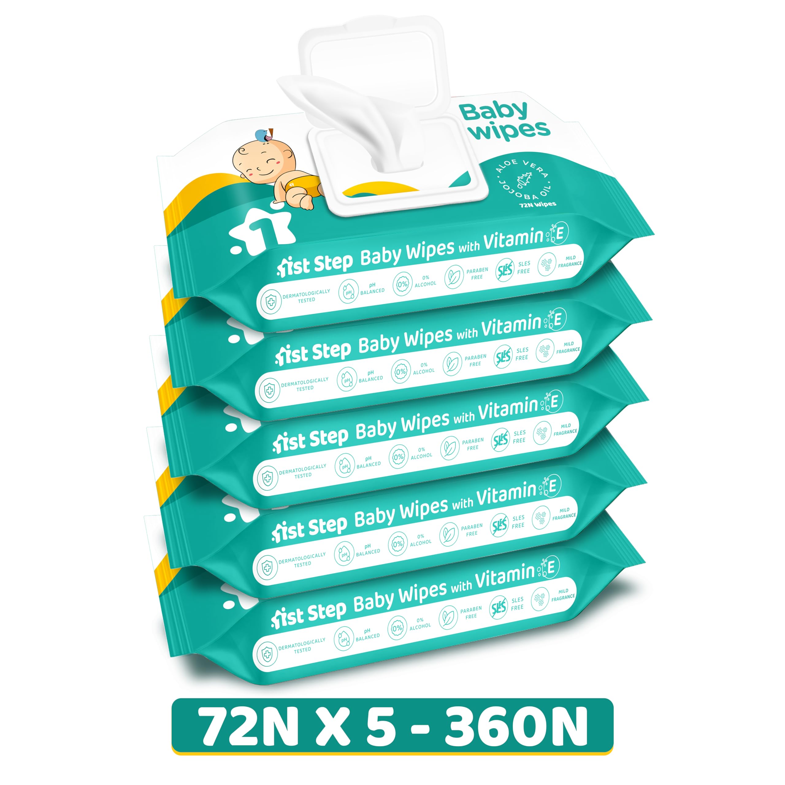 1st Step Baby Wipes with Lid Enriched and Aloe-Vera and Jojoba Oil (72 Wipes/Pack x 5 Packs = 360 Wipes)