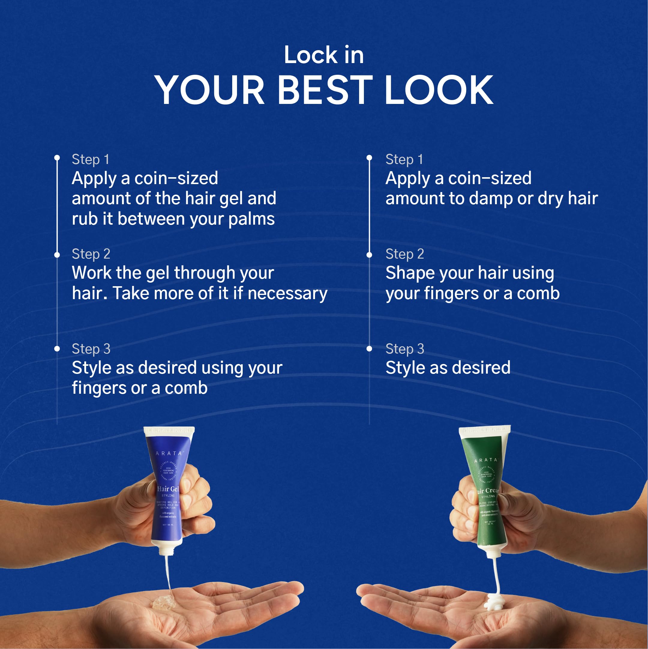 Arata Styling Combo of 2 - Hair Cream (50 ML) & Styling Hair Gel (50 ML) | For Glossy & Matte Looks | Soft & Strong Hold | Defined, Frizz-Free Hair | Adds Texture & Boosts Moisture | For All Hair Types