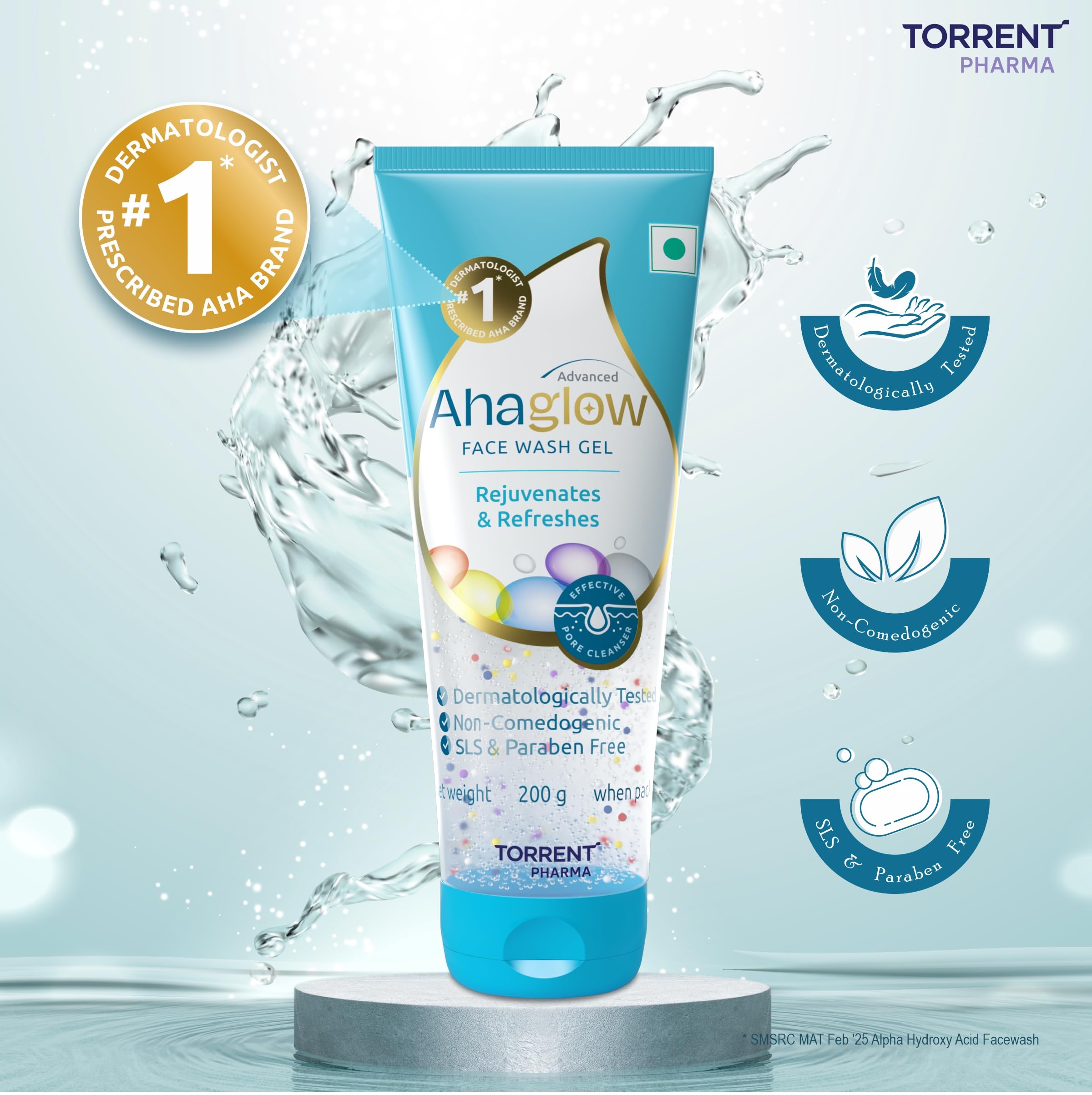 Ahaglow Advanced Face Wash Gel 200g with AHA(1% Glycolic Acid) Glow Bombs| Jojoba & Tea Tree Oil | Allantoin, Vitamin E & Oak bark Extract | No.1 Dermatologist Prescribed AHA Brand - By Torrent Pharma