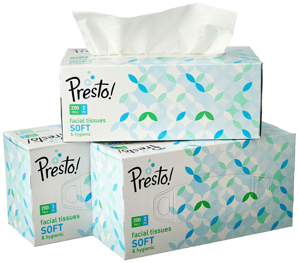 Amazon Brand - Presto! 2 Ply Facial Tissue Box | 600 Pulls | 200 Pulls X 3 Cartons | Soft And Highly Absorbent | 100% Natural Virgin Cellulose Fiber