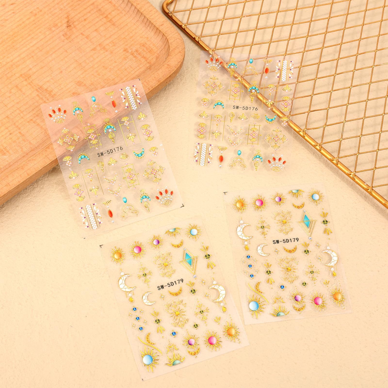 4pcs Sun and Moon Nail Stickers, 5D Embossed Gold Celestial Bohemian Beauty Nail Stickers Self-Adhesive Metallic Tribal Totem Design Manicure Art Fingernail Decoration for Women Girls