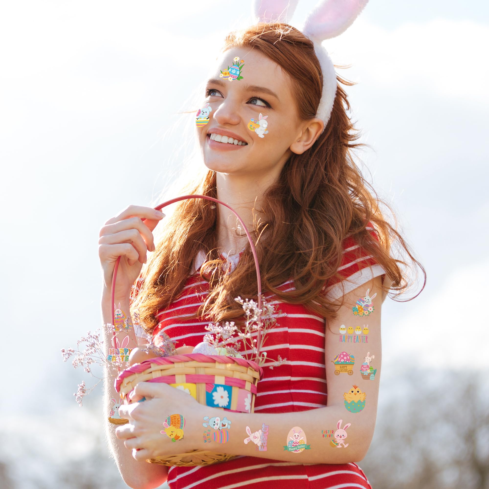 150 PCS Easter Tattoos, 6 Sheets Spring Basket Stuffers Fake Tattoos with Bunny Egg, Cute Individually Stickers for Easter Basket Filler Party Favors Accessories