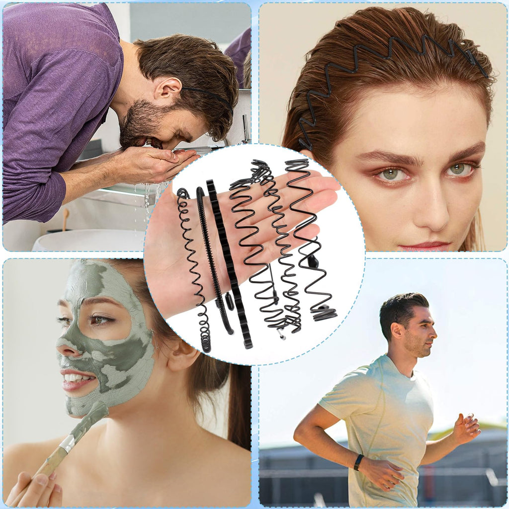 6PCS Metal Hair Bands, Spring Wavy Hair Hoop Unisex Black Wavy Headband Slicked Back Headband Non Slip Sports Hairband for Women Men