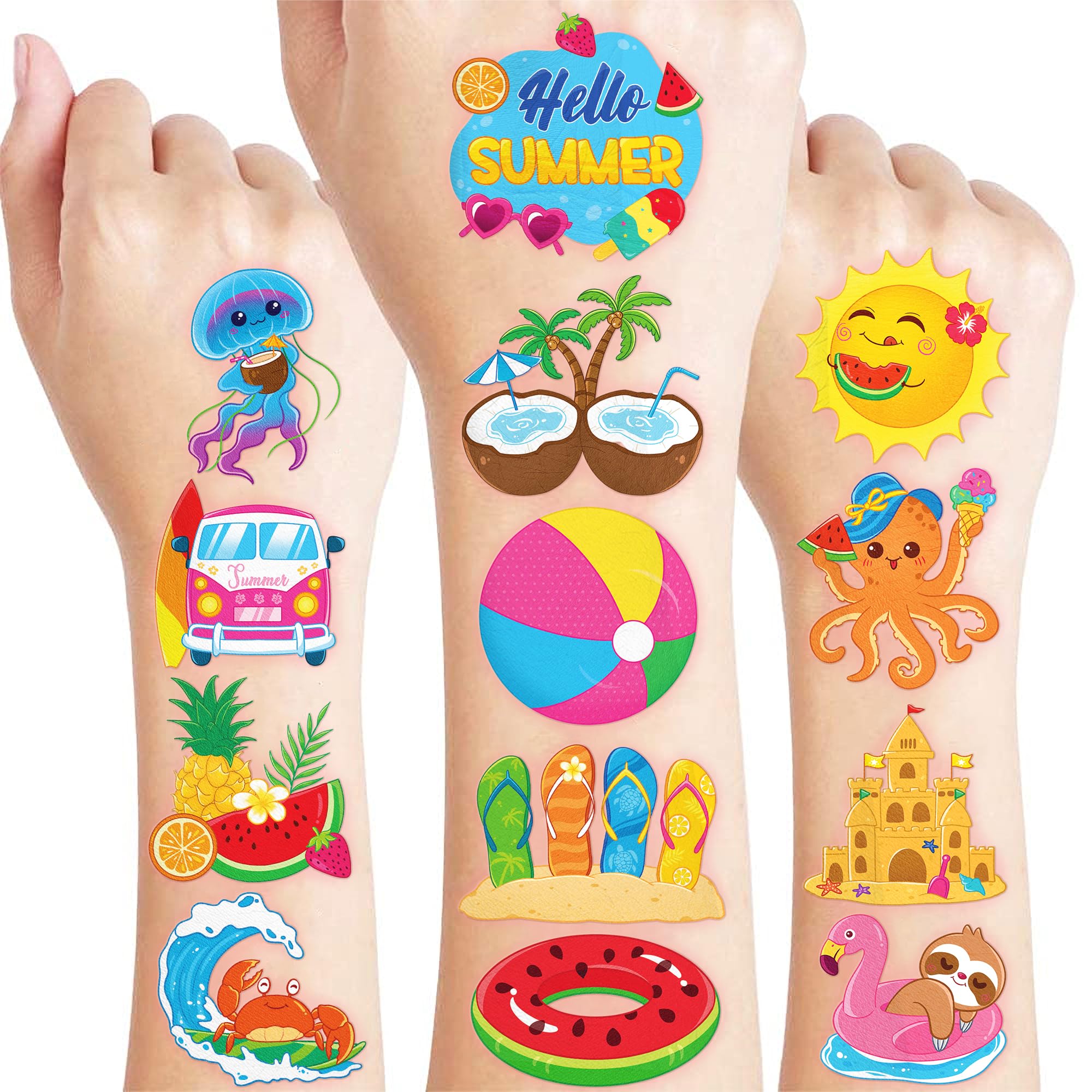 60 PCS Hello Summer Beach Pool Hawaiian Pre-Cut Temporary Tattoos for Kids | Super Cute Themed Birthday Party Favors, Supplies, Decorations, Fake Tattoo Stickers, School Rewards Gifts & Boys & Girls