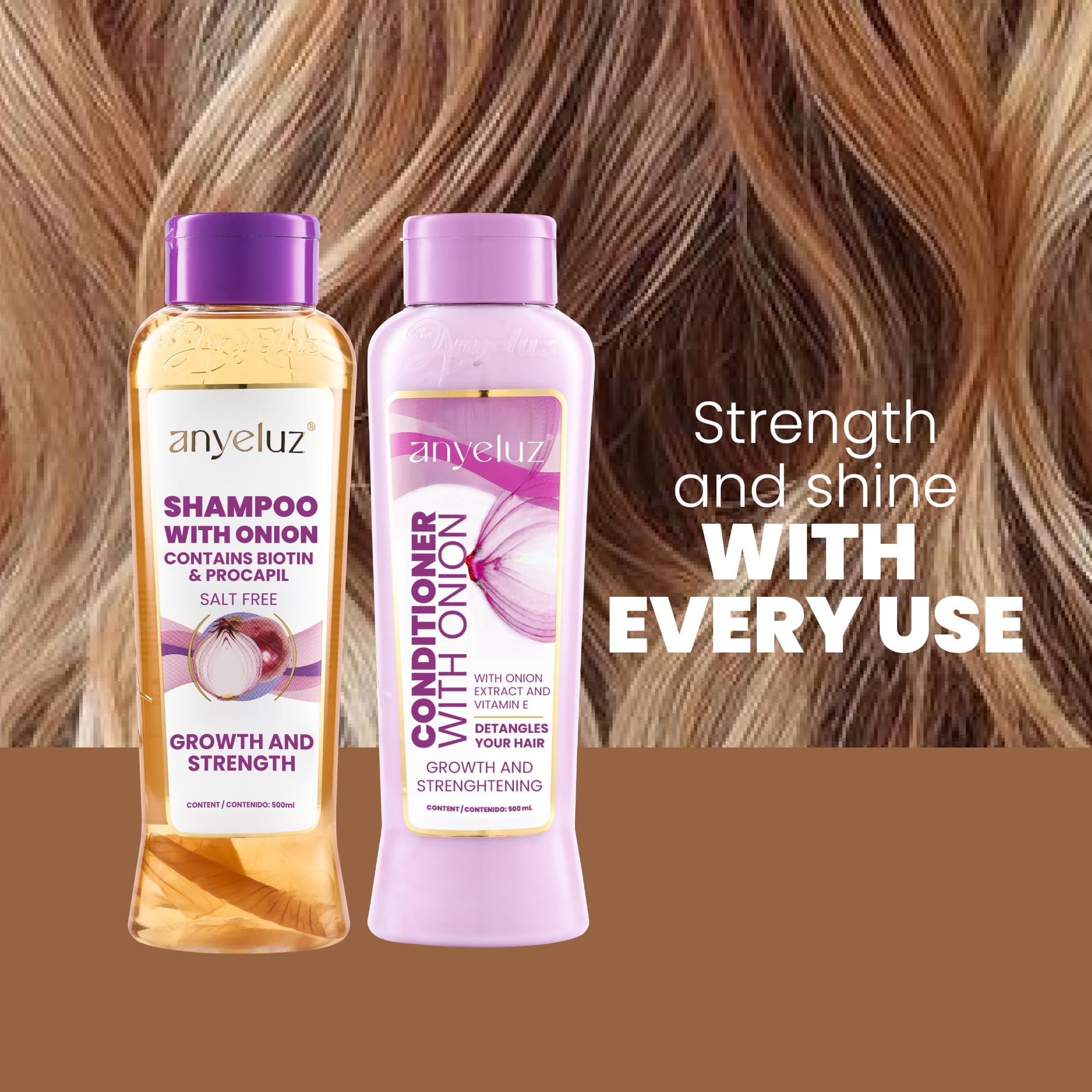 Anyeluz Onion Shampoo and Conditioner Set - Salt Free & Keratin Safe - Hair Growth Duo with Onion Extract and Biotin - 16.9 Fl Oz (Pack of 2)