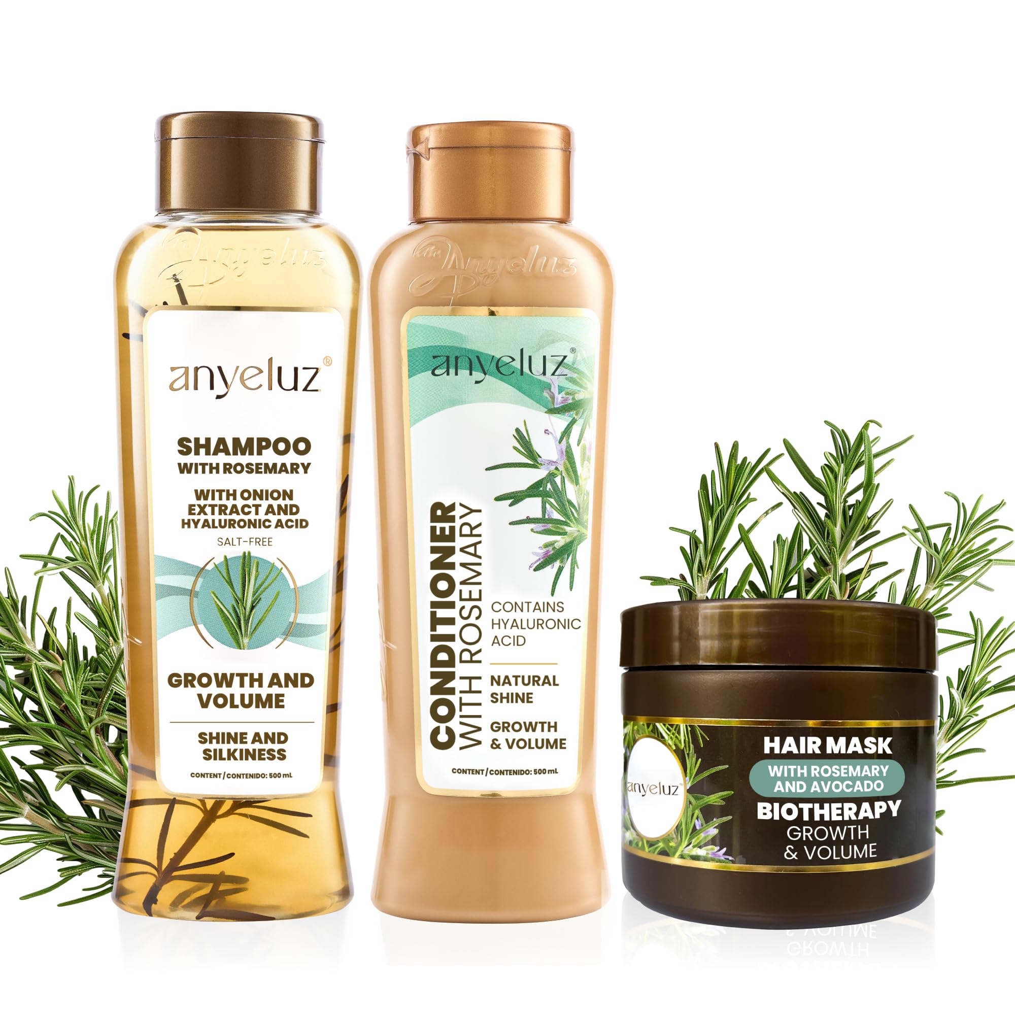 ANYELUZ Rosemary Shampoo, Conditioner and Hair Mask set, with Hyaluronic Acid and Rosemary, with Natural Extracts for All Hair Types