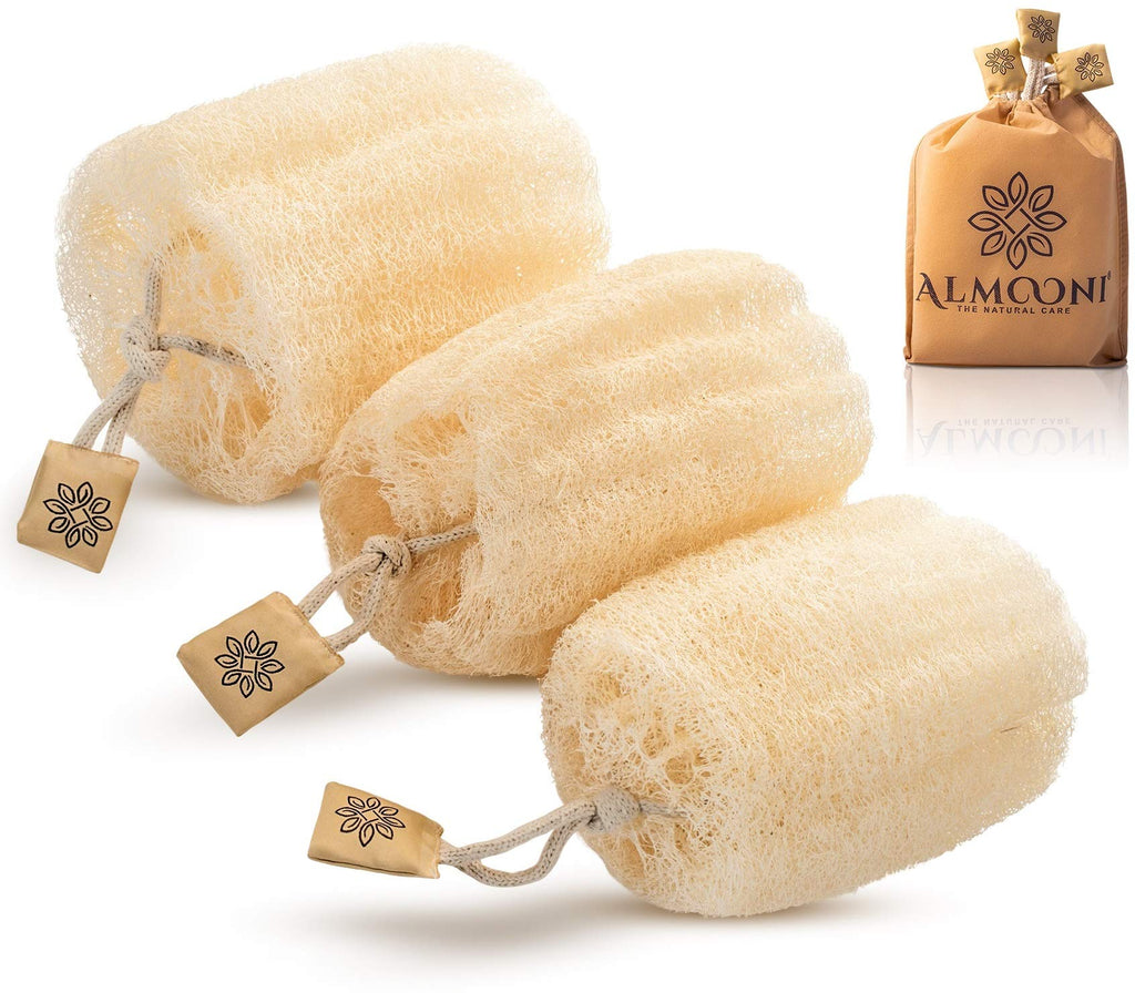 ALMOONI 100% Natural Organic Egyptian Loofah Sponges, Large Exfoliating Shower Loofah Body Scrubbers Buff Away Dead Skin For Smoother, More Radiant Appearance (3 Pack), Luxurious Packaging