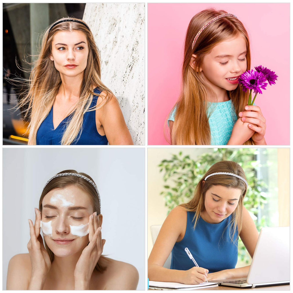 4 Pieces Crystal Rhinestone Headbands Shiny Non-Slip Beaded Hairband Bling Bling Hair Bands Hair Accessories Hair Decoration for Women Girls (Black, White, Purple, Gray, 0.5 cm/ 0.2 Inch)