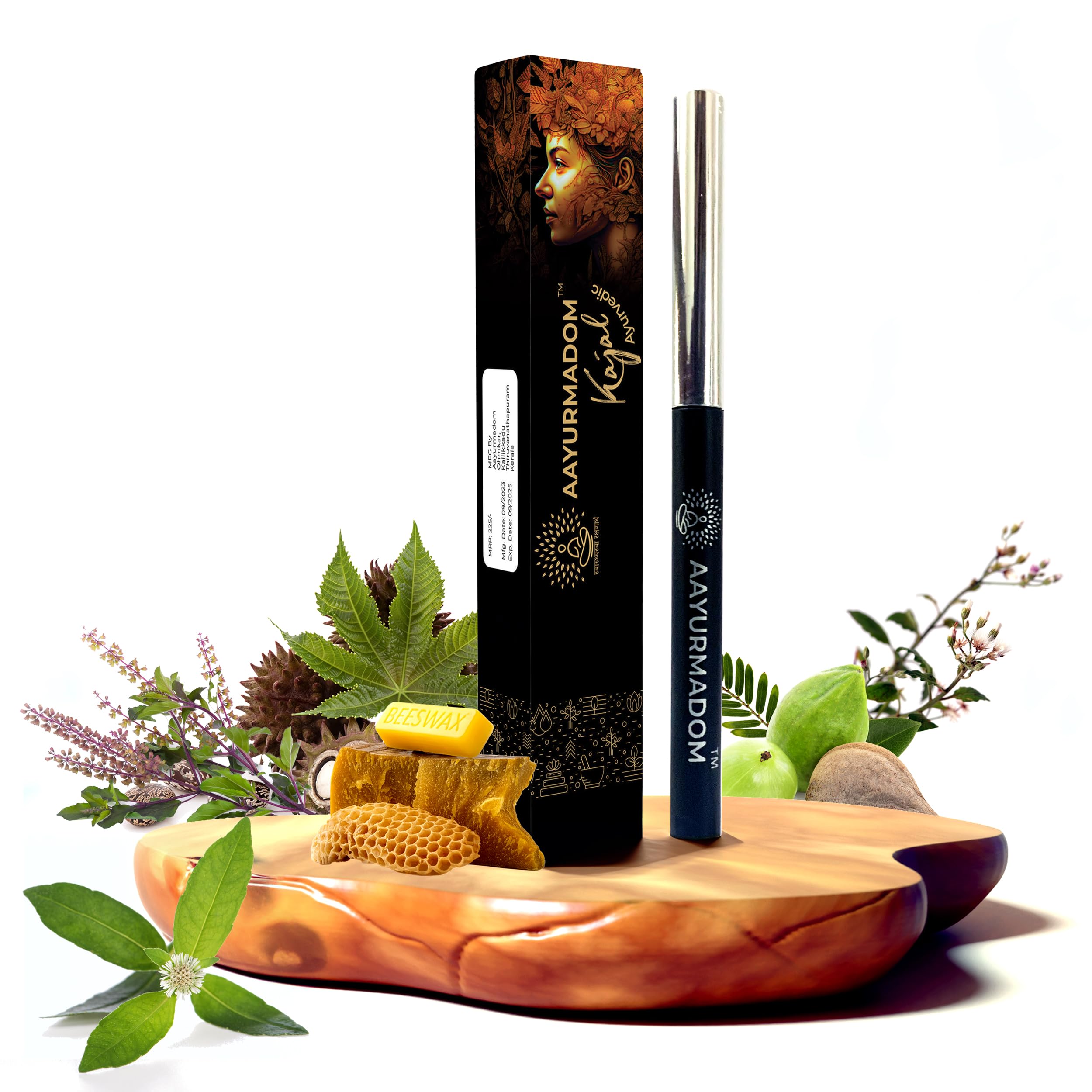 AAYURMADOM Semi-Matte Kajal Stick For All Age Groups Including Babies -100% Herbal Lead Free - Irritation-Free, Bee Wax With Pure Cow Ghee, Waterproof, Preservative-Free, No Tears,Multi