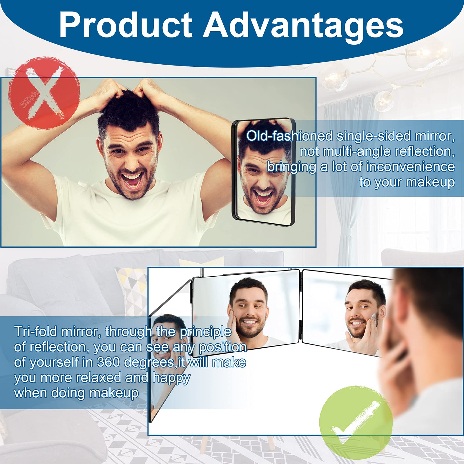 3 Way Mirror for Self Hair Cutting System,360 Haircuts Mirror Men for Barber to Use Tools ,to See The Back of Head ,with Portable Height Adjustable Telescoping Hooks Tri Fold Mirror
