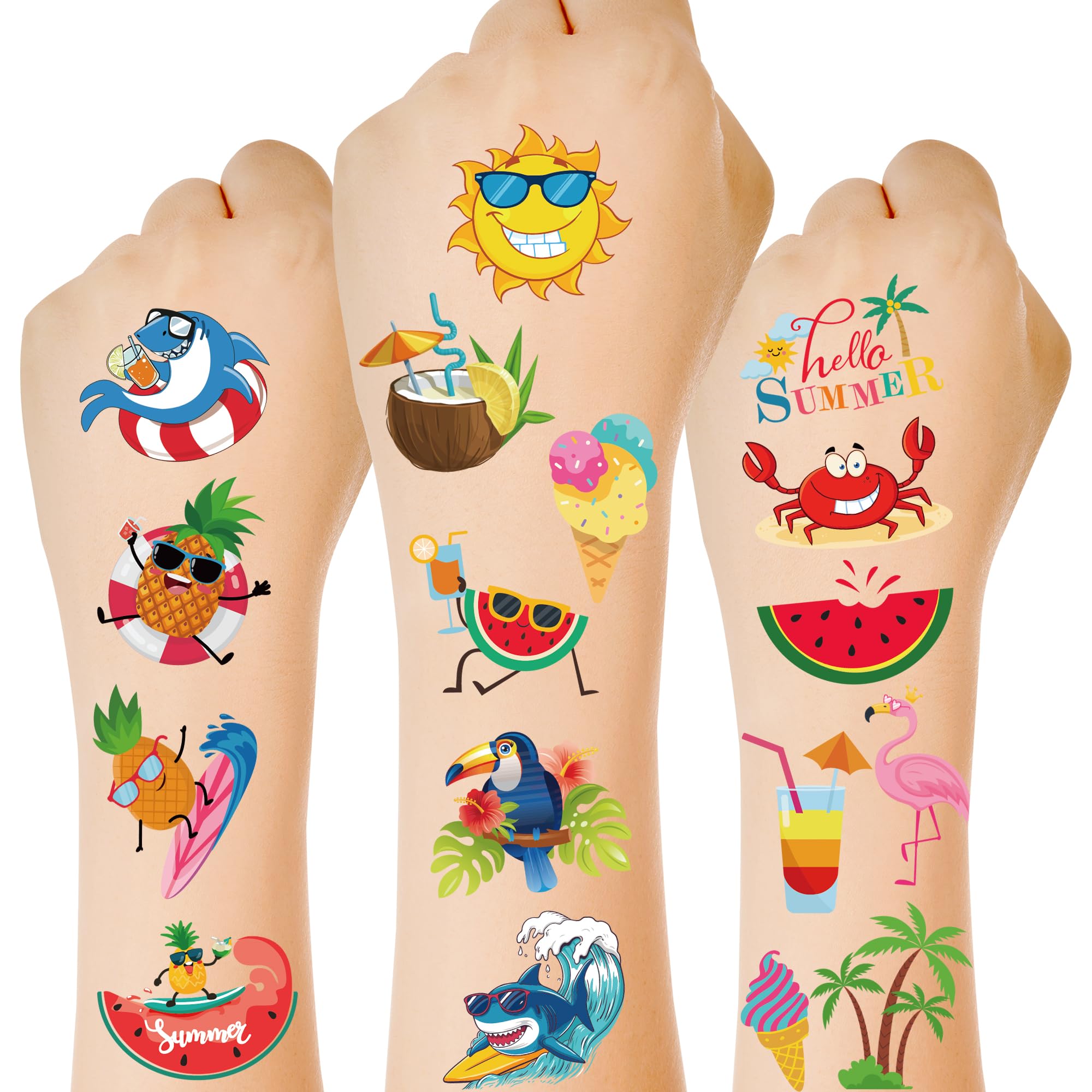 150 PCS Summer Temporary Tattoos, 6 Sheets Waterproof Fake Tattoos with Tropical Fruits Flamingos Hello Summer for Adults Pool Party, Hawaiian Stickers for Hawaiian Luau Party Favors Supplies