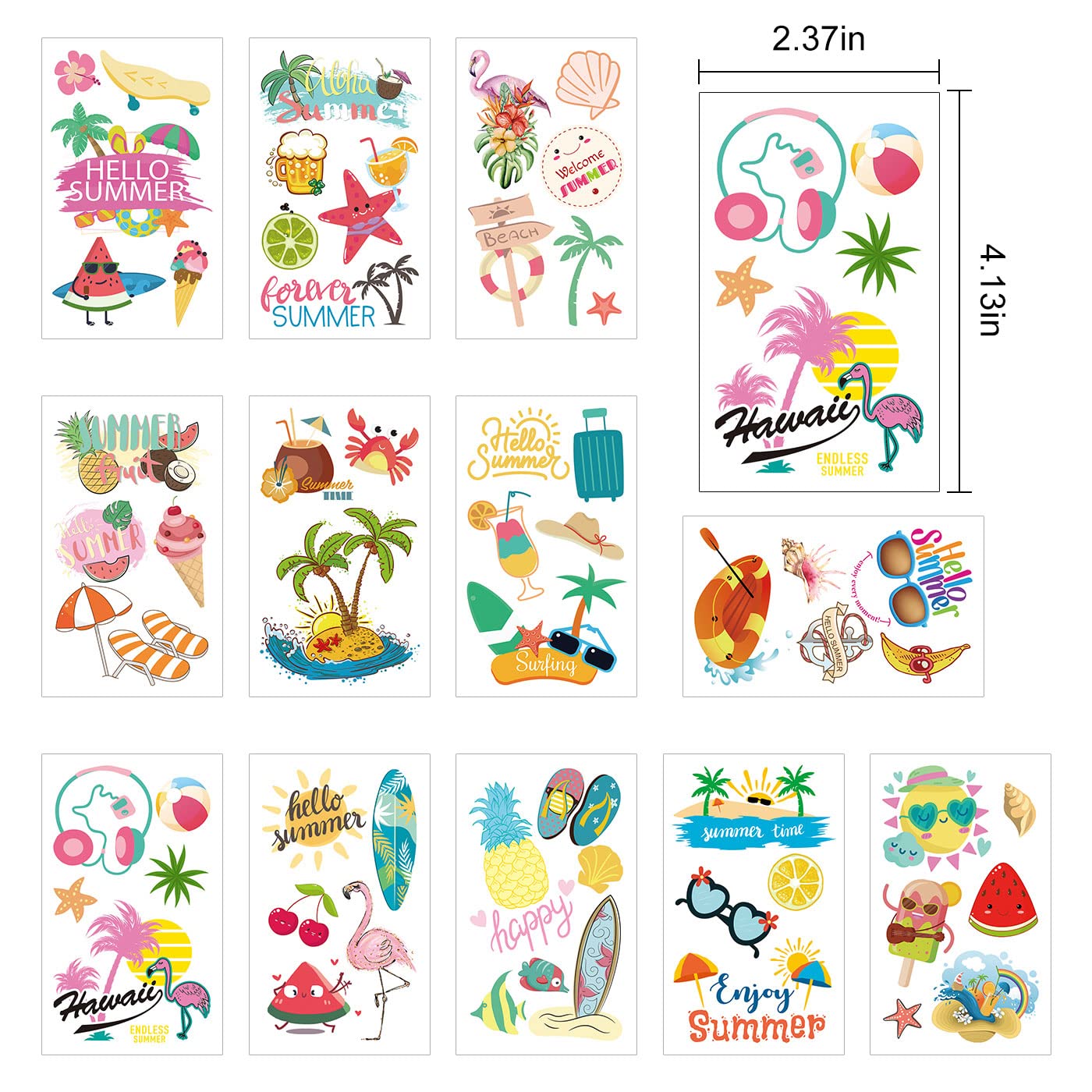 60 Pieces Summer Temporary Tattoos for Kids, Pool Party Favors, Hawaiian Luau Beach Temporary Tattoo, Watermelon Strawberry Pineapple Flamingo Tattoo Stickers for Birthday Party Supplies