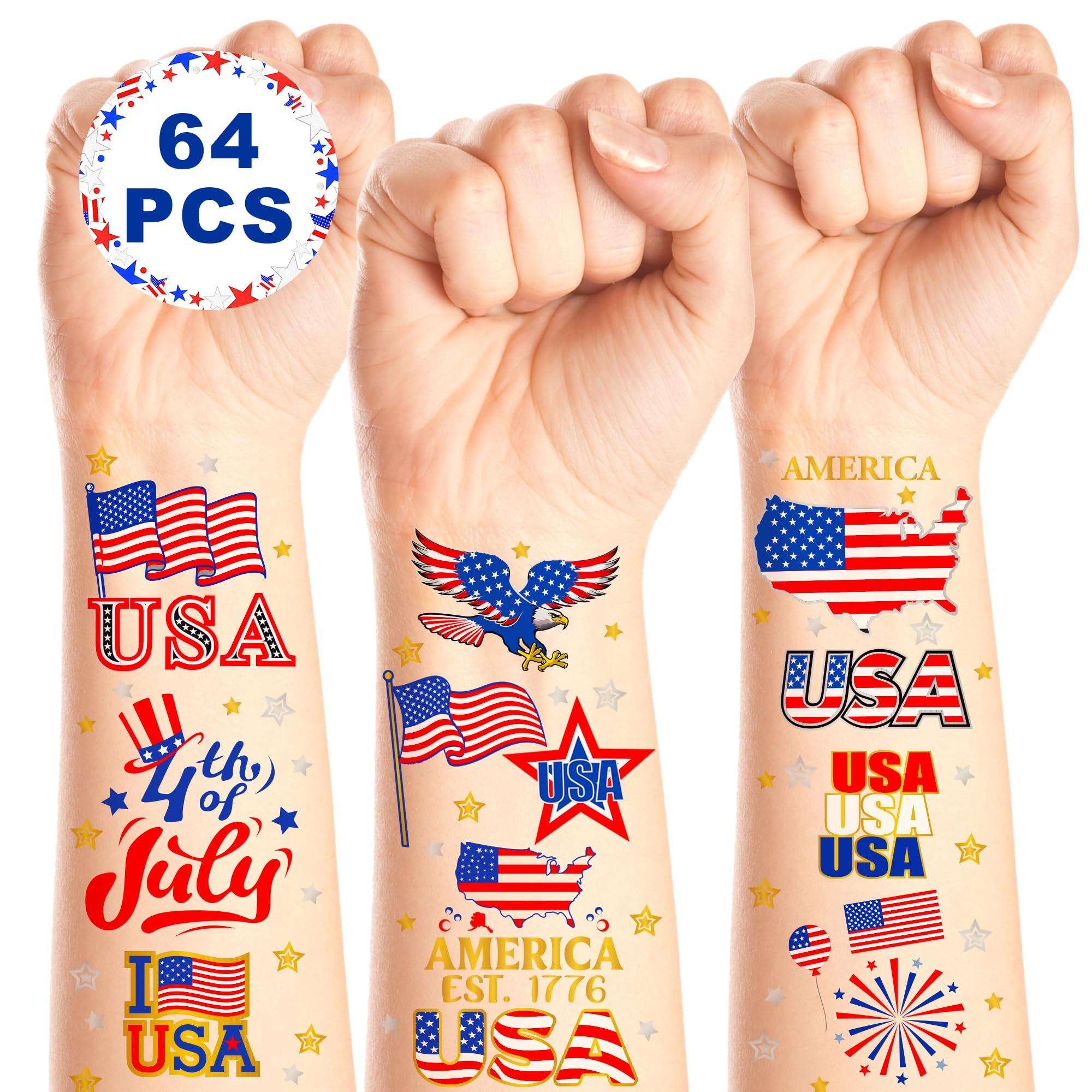 64 PCS 4 Sheets 4th of July Temporary Tattoo Set, Patriotic Party Face Body Decorations, American Flag Independence Long Lasting Tattoo Stickers for Kids Adults, Red White and Blue Accessories