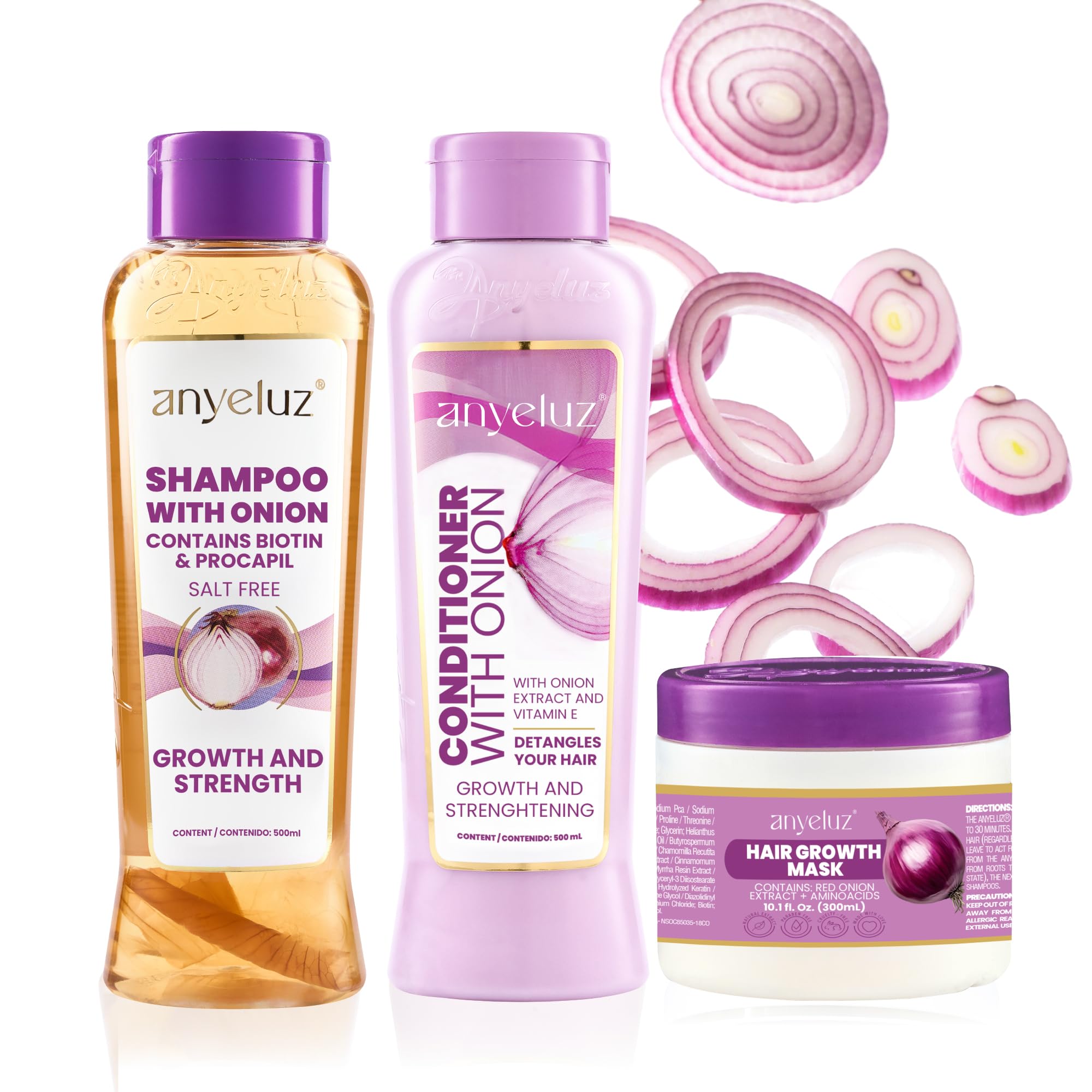ANYELUZ Onion Shampoo, Conditioner and Hair Mask set, with Onion Extract and Vitamin E, Cleanses and Reduces Oiliness, for all Hair Types