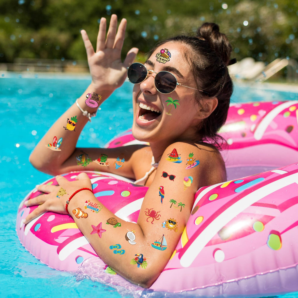 150 PCS Summer Temporary Tattoos, 6 Sheets Waterproof Fake Tattoos with Tropical Fruits Flamingos Hello Summer for Adults Pool Party, Hawaiian Stickers for Hawaiian Luau Party Favors Supplies
