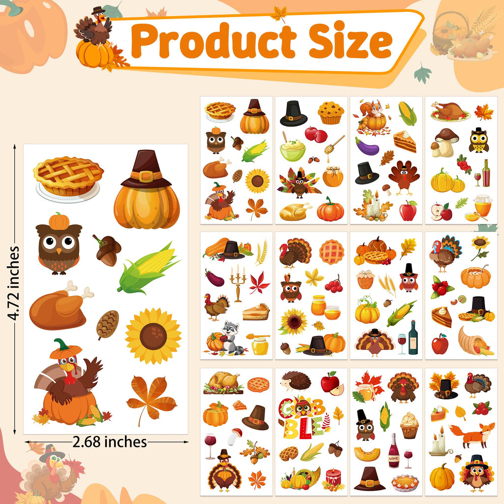 117PCS Thanksgiving Temporary Tattoos for Kids, 9 Sheets Thanksgiving Stickers Turkey Pumpkin Leaves Nuts Patterns, Fall Tattoos Stickers for Harvest Gathering Party Favors Accessories Decorations