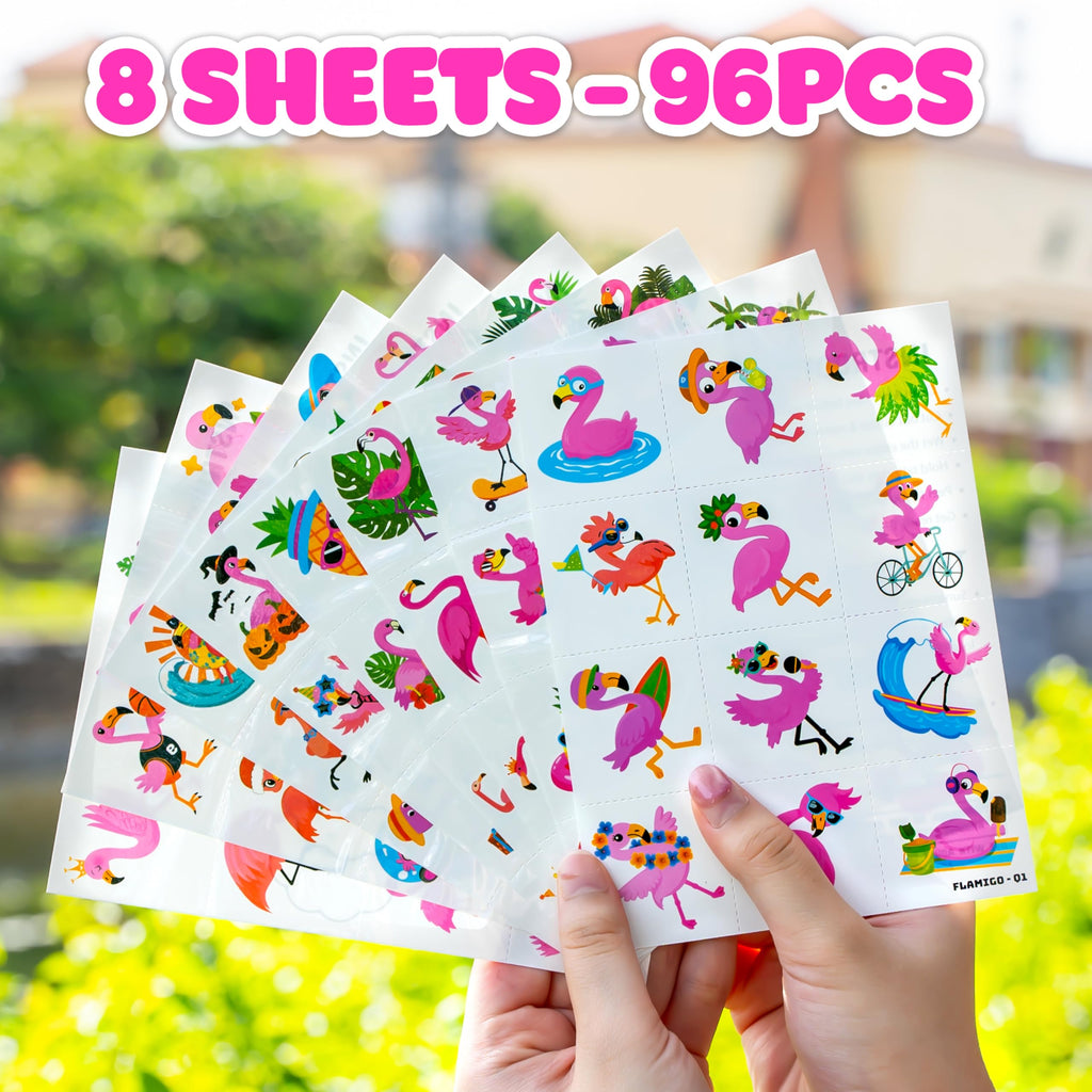 96 PCS Funny Cute Flamingo Summer Hawaiian Luau Pre-Cut Temporary Tattoos for Kids | Super Cute Themed Birthday Party Favors, Supplies, Decorations, Fake Tattoos, Rewards Gifts Boys Girls