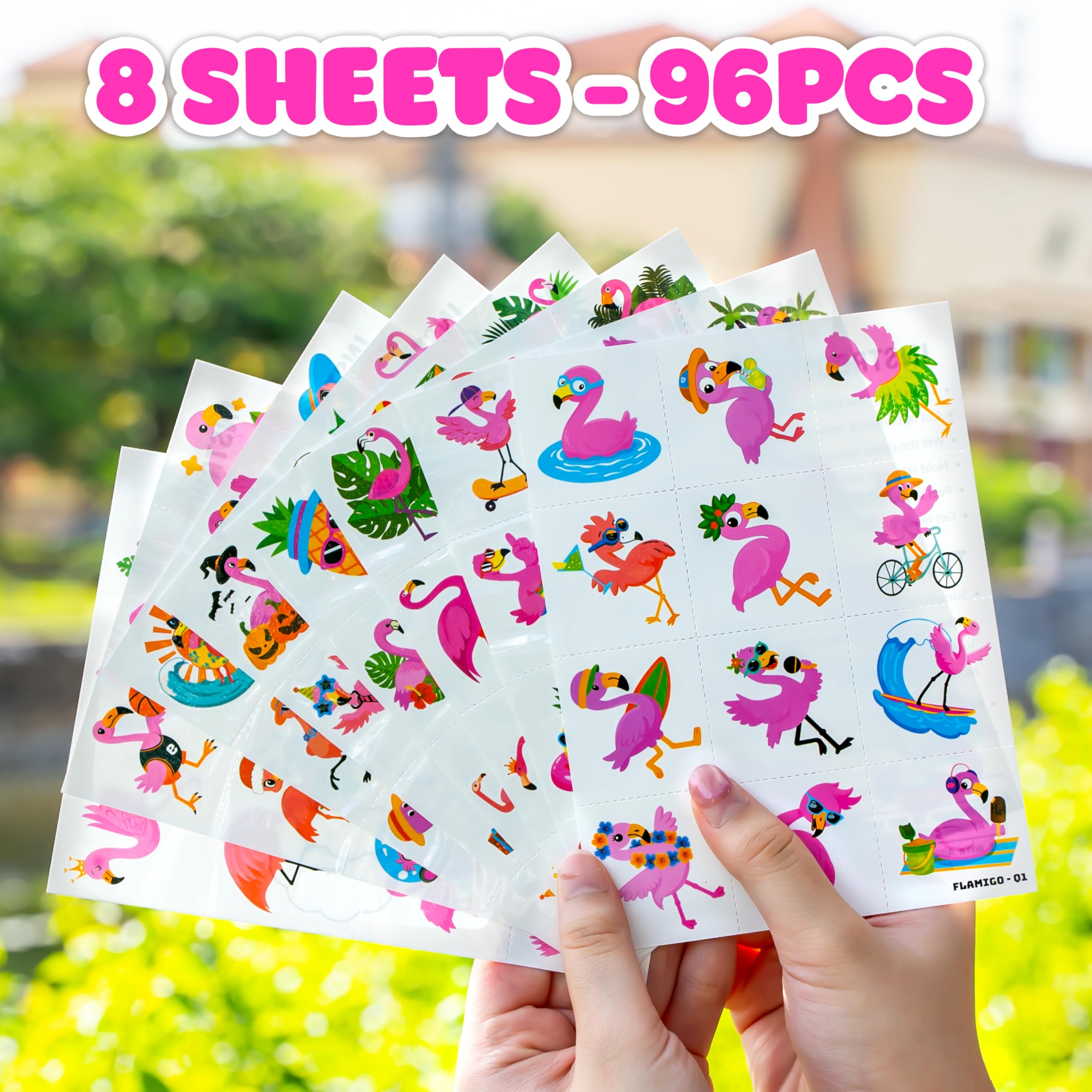 96 PCS Funny Cute Flamingo Summer Hawaiian Luau Pre-Cut Temporary Tattoos for Kids | Super Cute Themed Birthday Party Favors, Supplies, Decorations, Fake Tattoos, Rewards Gifts Boys Girls
