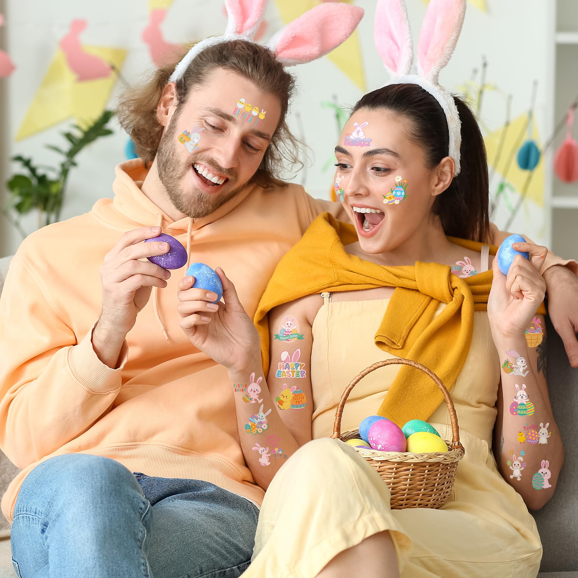 150 PCS Easter Tattoos, 6 Sheets Spring Basket Stuffers Fake Tattoos with Bunny Egg, Cute Individually Stickers for Easter Basket Filler Party Favors Accessories