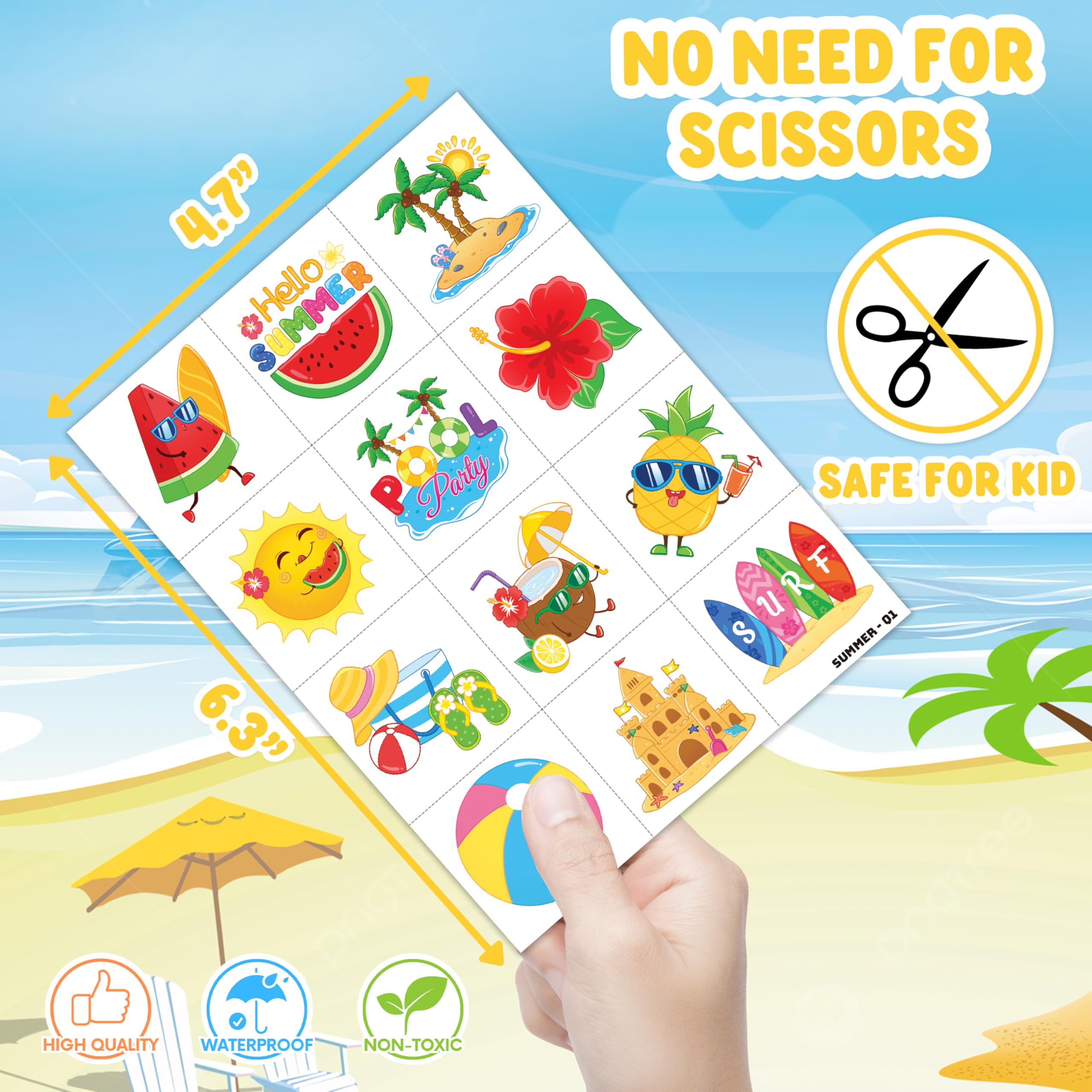 60 PCS Hello Summer Beach Pool Hawaiian Pre-Cut Temporary Tattoos for Kids | Super Cute Themed Birthday Party Favors, Supplies, Decorations, Fake Tattoo Stickers, School Rewards Gifts & Boys & Girls