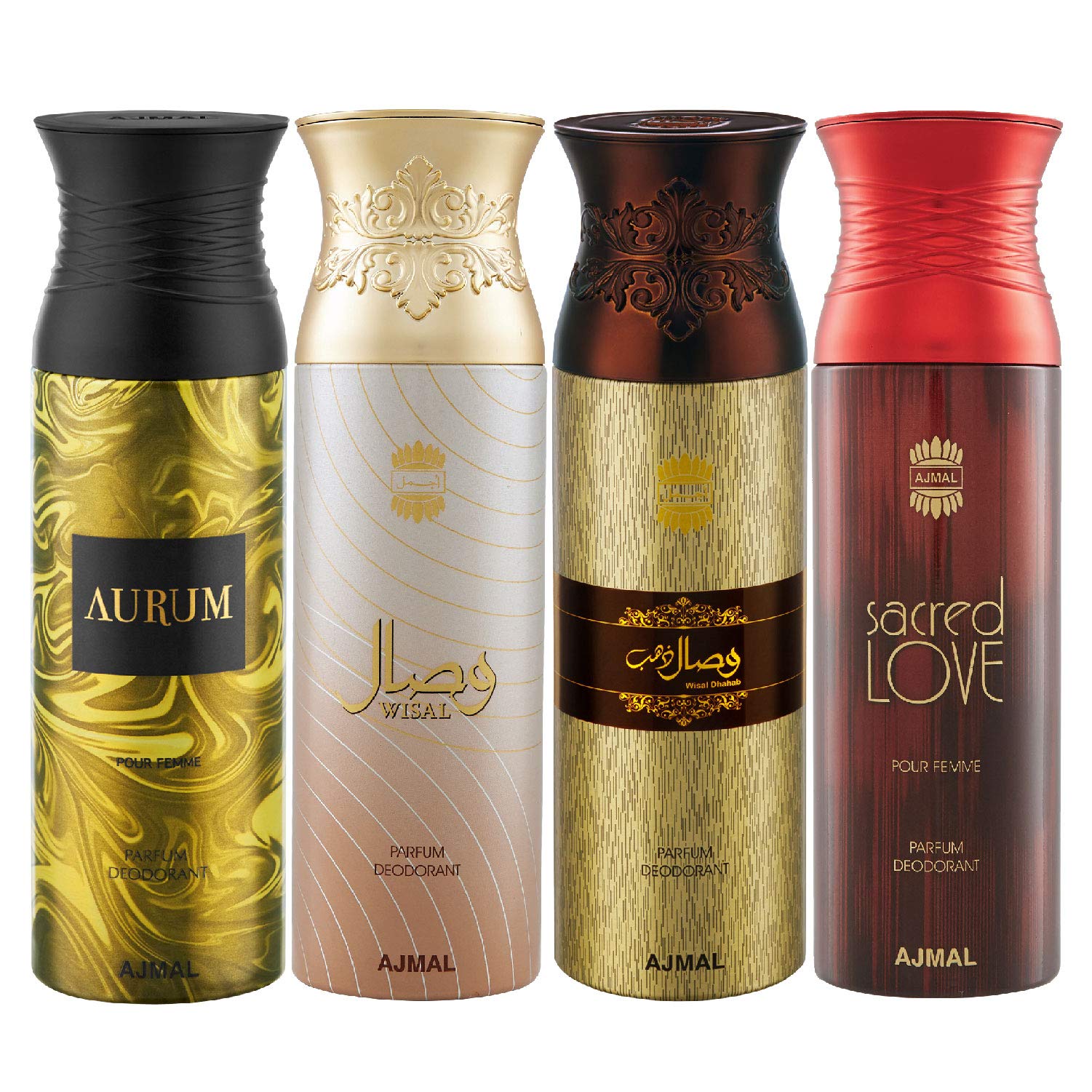 Ajmal Aurum & Wisal & Wisal Dhahab & Sacred Love Deodorant Spray- For Men (200 ml, Pack of 4)