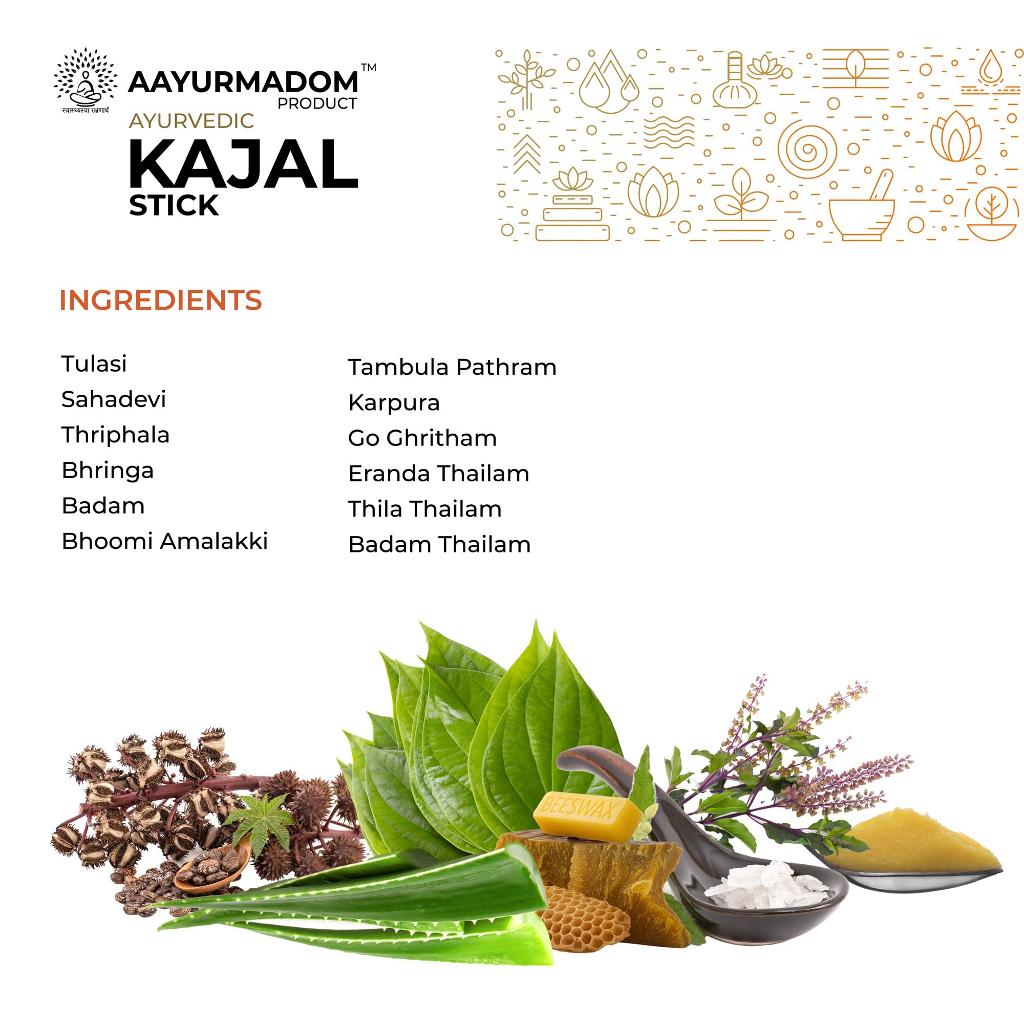 AAYURMADOM Semi-Matte Kajal Stick For All Age Groups Including Babies -100% Herbal Lead Free - Irritation-Free, Bee Wax With Pure Cow Ghee, Waterproof, Preservative-Free, No Tears,Multi